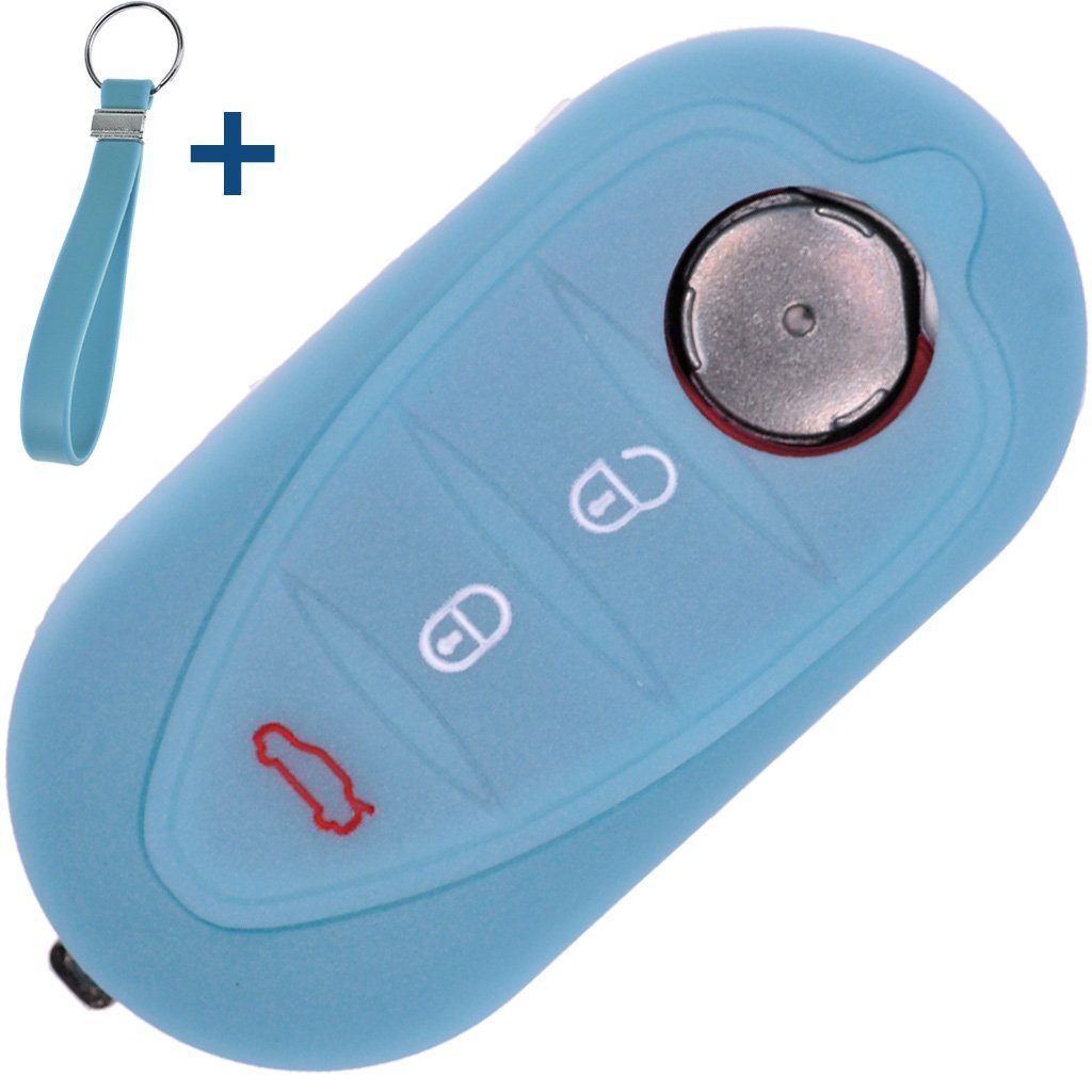 mt-key Schlüsseltasche Autoschlüssel Silikon Schutzhülle mit passendem Schlüsselband, für ALFA Romeo Mito Giulietta 940 4C ab 2008 3 Tasten Klappschlüssel Fluoreszierend Blau