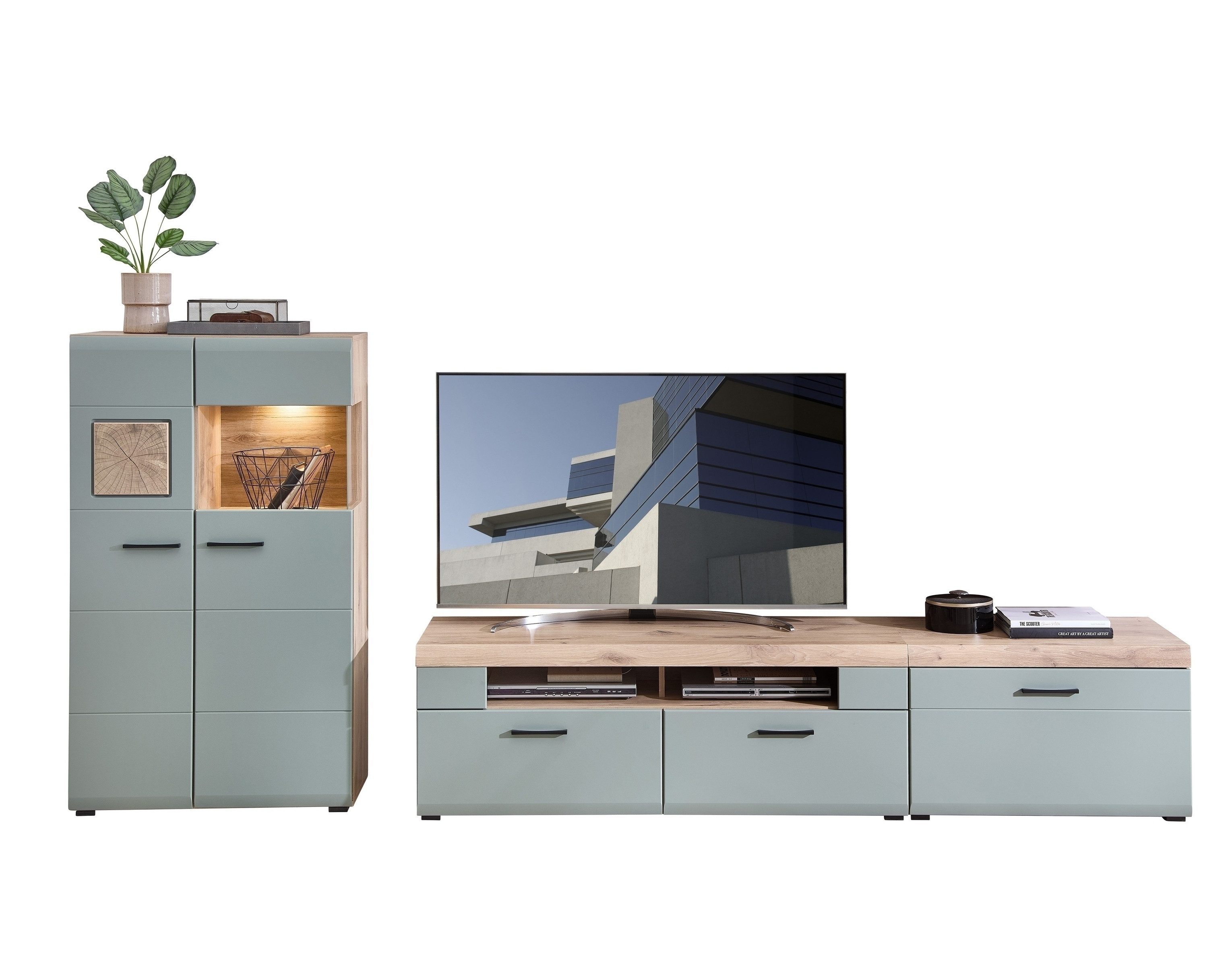 freiraum Wohnwand Kathlin, (3-teilig), (3-teilig) schilfgrün / Eiche Dekor - ca. 320x139x47 cm (BxHxT)