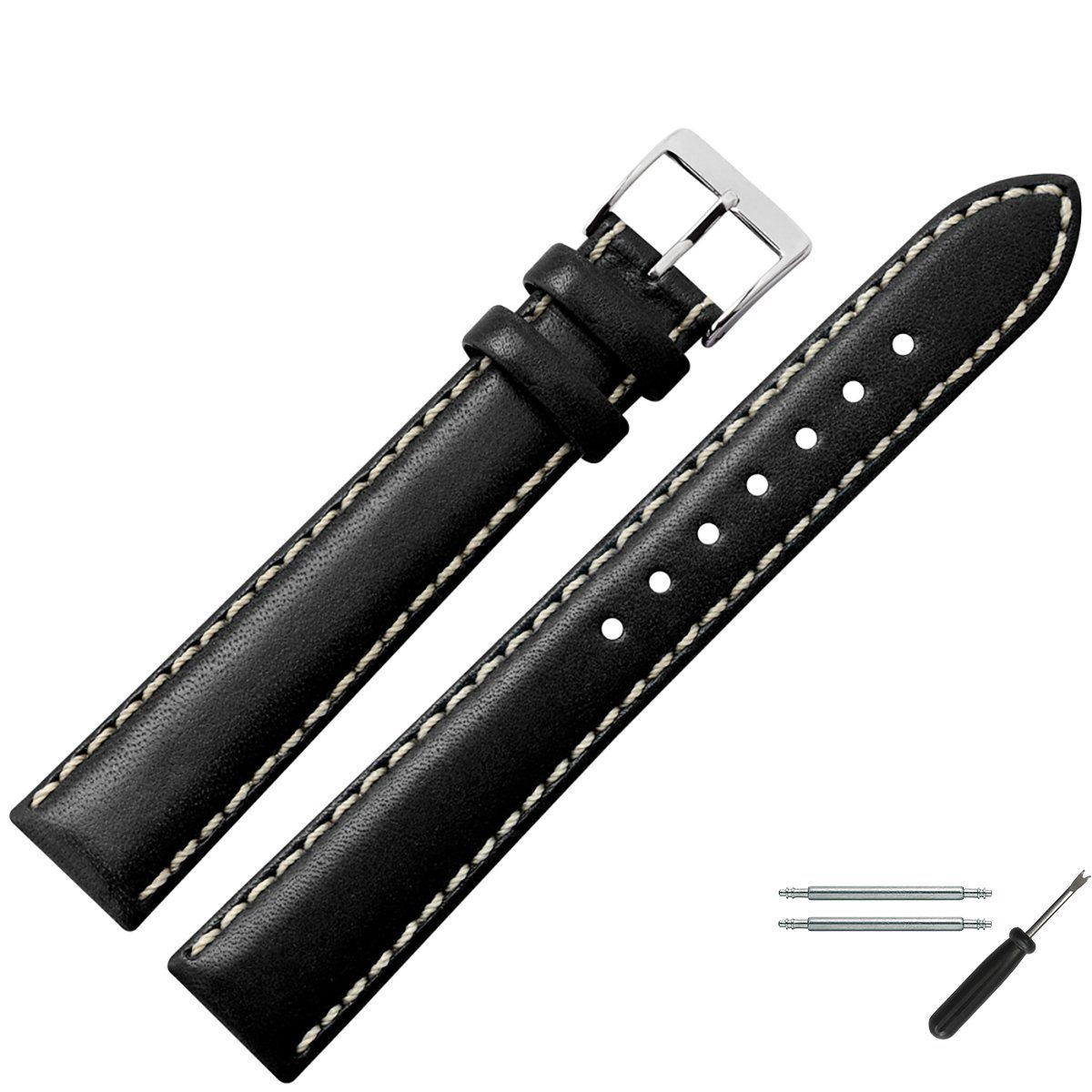 MARBURGER Uhrenarmband 22mm Leder XL extra lang Schwarz/Silber