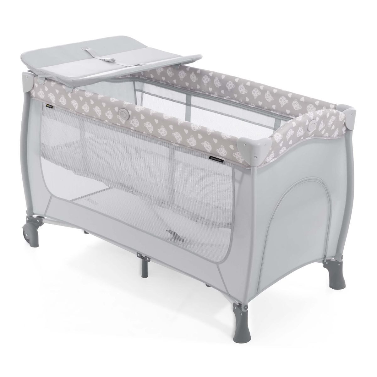 Hauck Baby-Reisebett Sleep'n Play Center - Teddy Grey, mit Wickelauflage, höhenverstellbar, Rollen & seitlichem Einstieg
