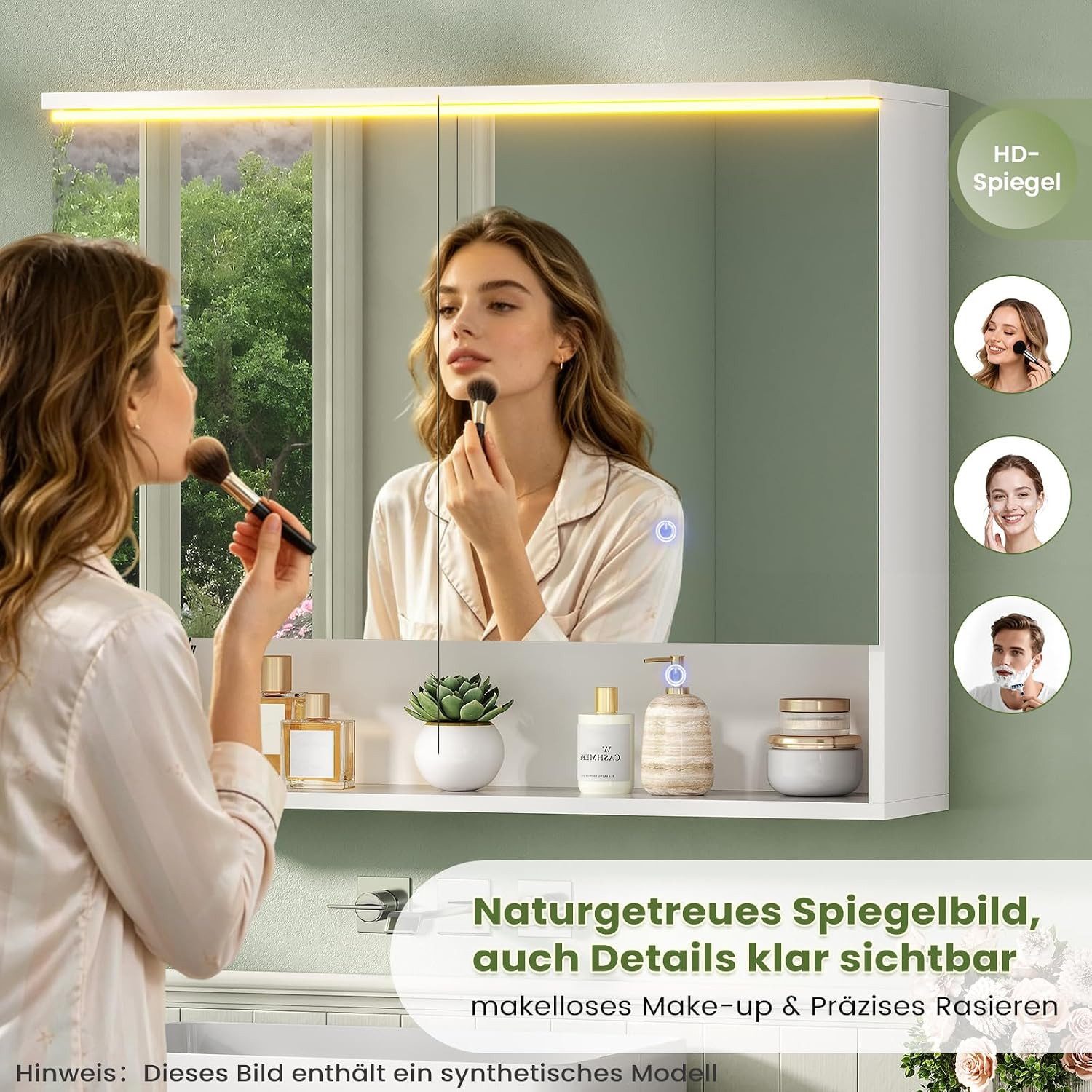 MSMASK Badezimmerspiegelschrank mit LED-Beleuchtung und Steckdose, Offenes Regal, 80 x 19,5 x 75.5 cm (1-St) 3-stufig höhenverstellbare Ablage – Bild 5 von 5