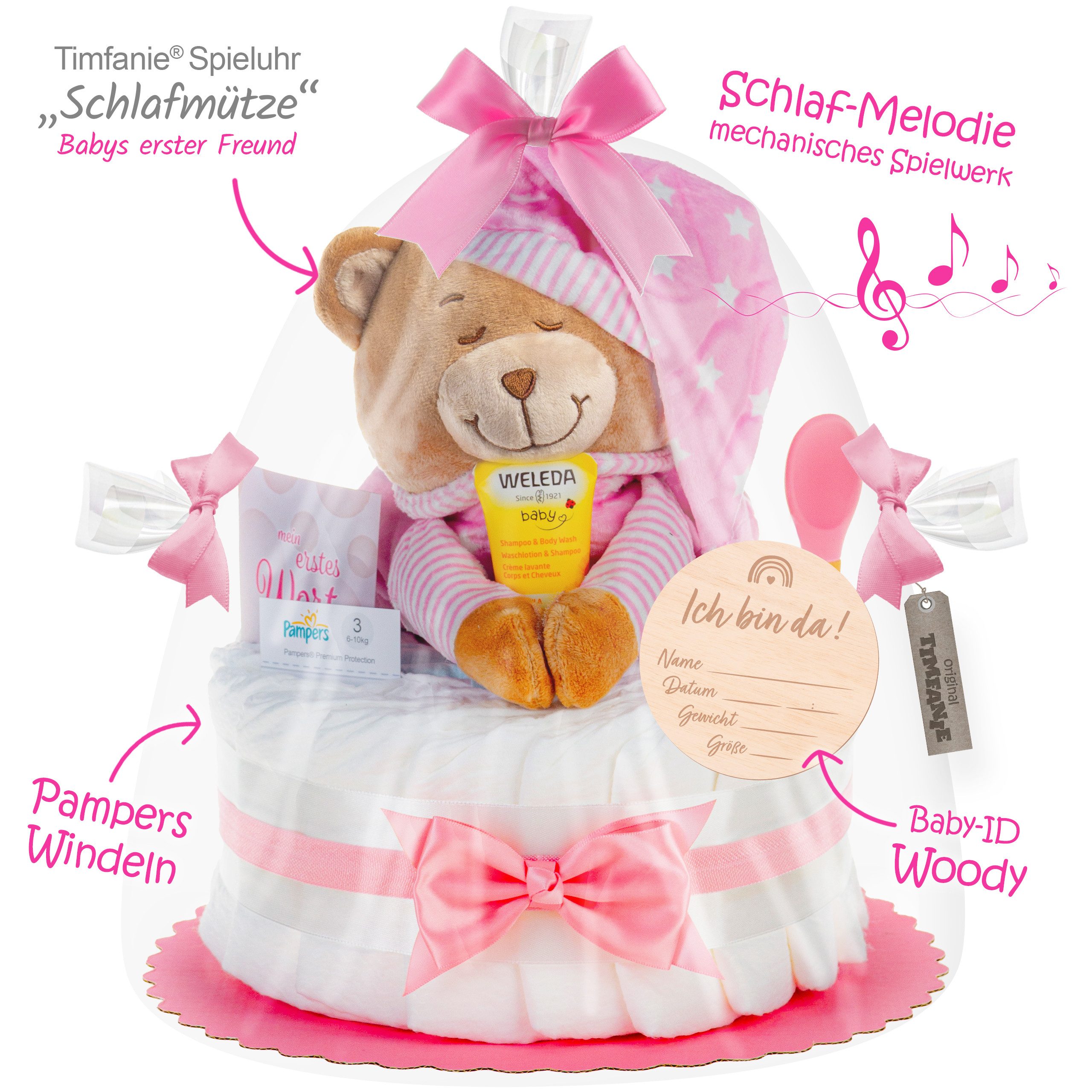 Timfanie Windeln Windeltorte, Spieluhr Schlafmütze, rosa, 0-8 Monate (Handgefertigtes Geschenk - In Folie gehüllt, mit Schleifen verziert, 28-St., 20x Pampers Premium, 1 Marken-Kuscheltier, wertige Accessoires), Das Perfekte Geschenk zur Geburt oder Babyparty.