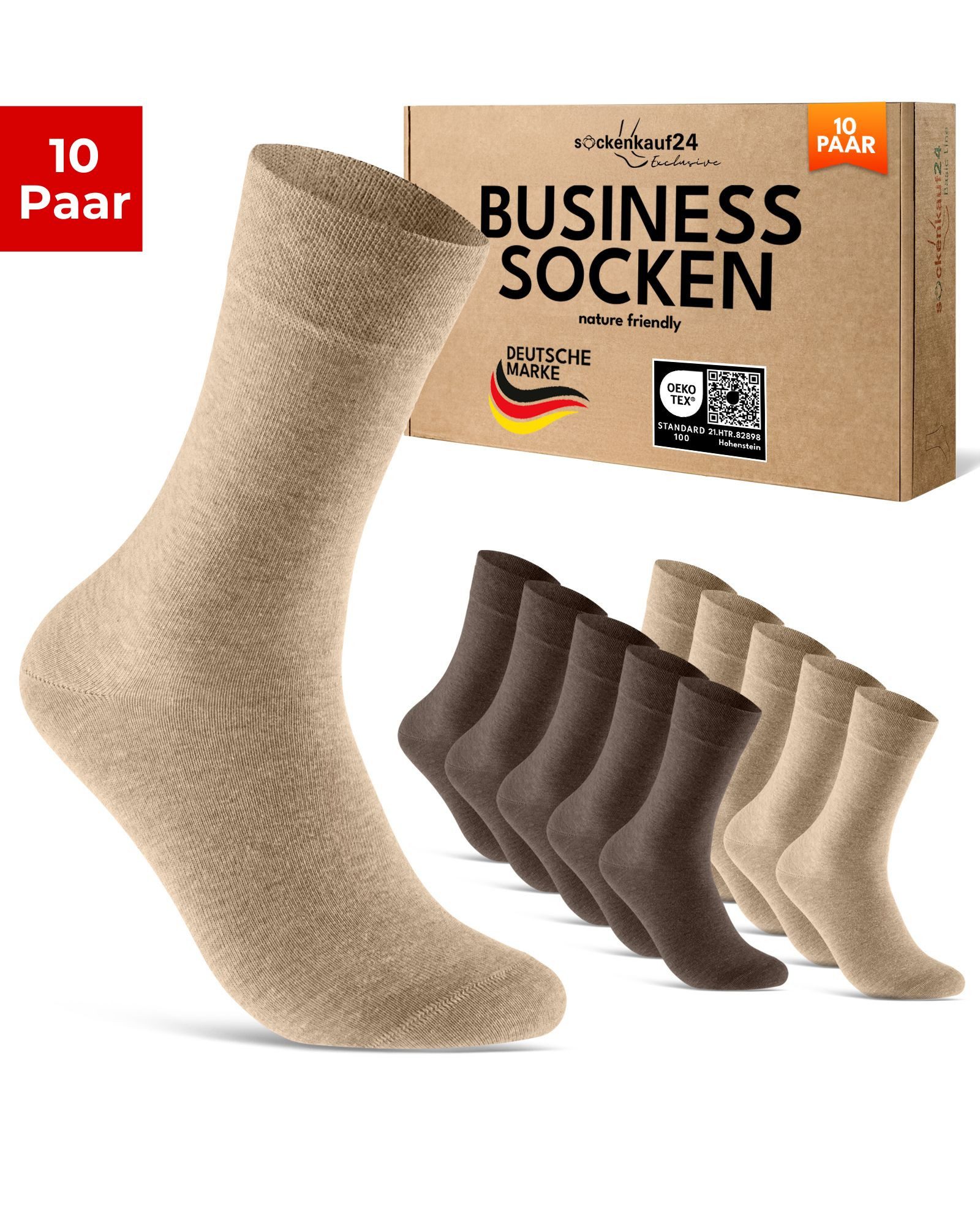 sockenkauf24 Businesssocken Premium Socken mit Komfortbund Herren & Damen Business Socken (Sand/Braun, 10-Paar, 35-38) aus gekämmter Baumwolle mit Pique-Bund, ohne Naht