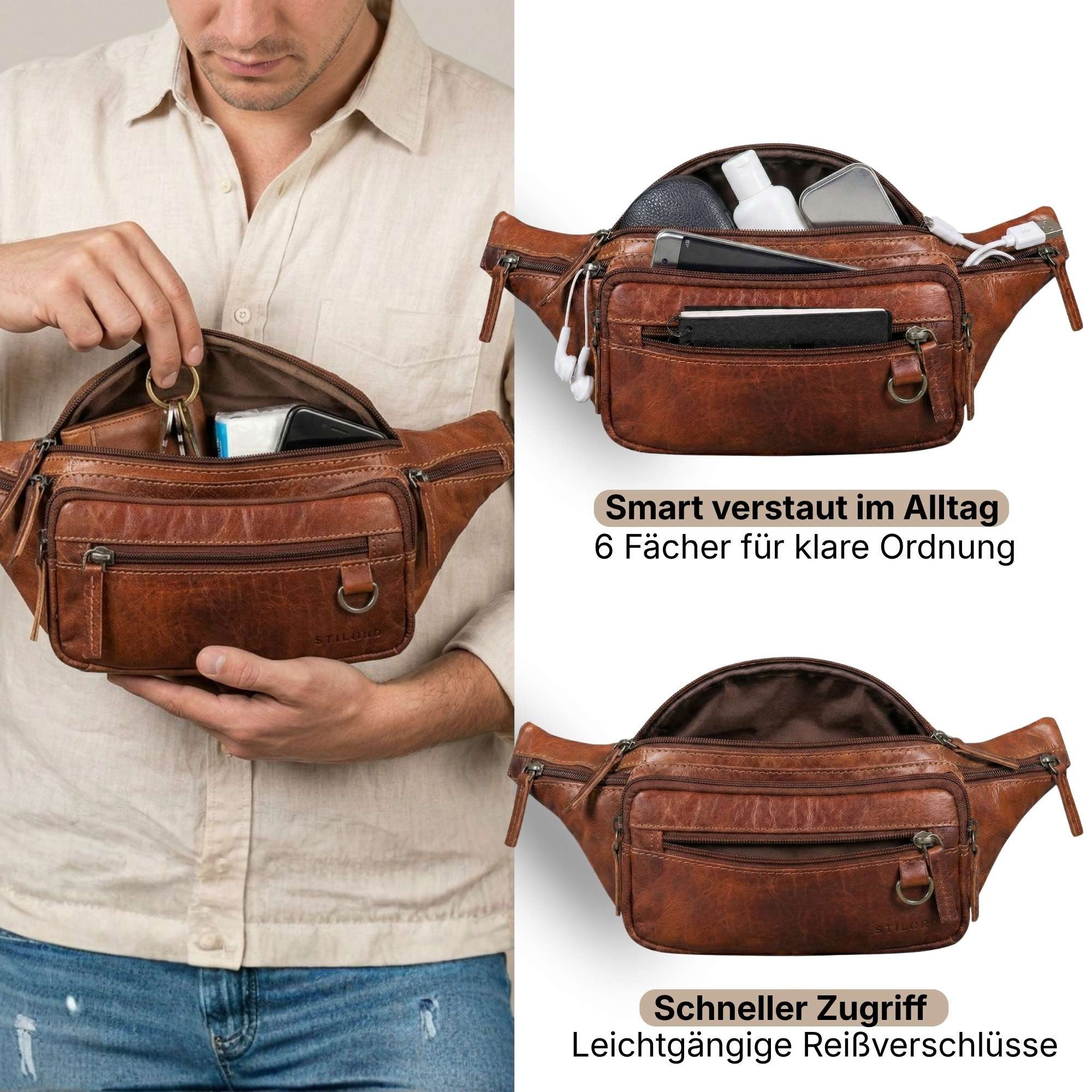 STILORD Bauchtasche "Robin" Premium Bauchtasche Herren Leder mit 6 Reißverschlussfächern – Bild 5 von 5