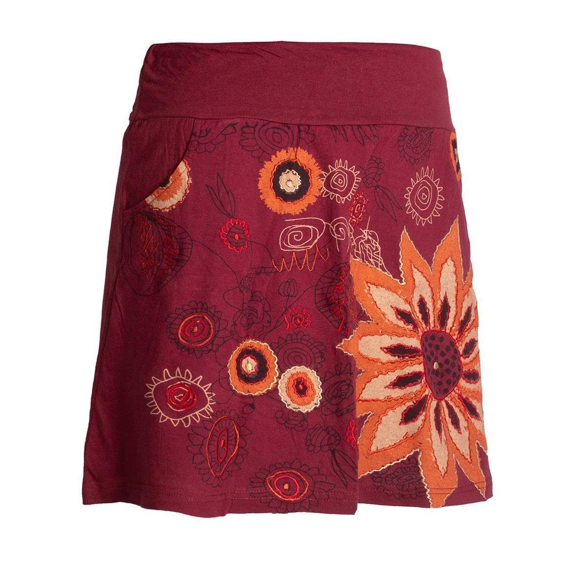 Vishes Minirock Baumwoll Rock mit großer gestickter Blume Cacheur, Ethno, Goa, Hippie Boho Style