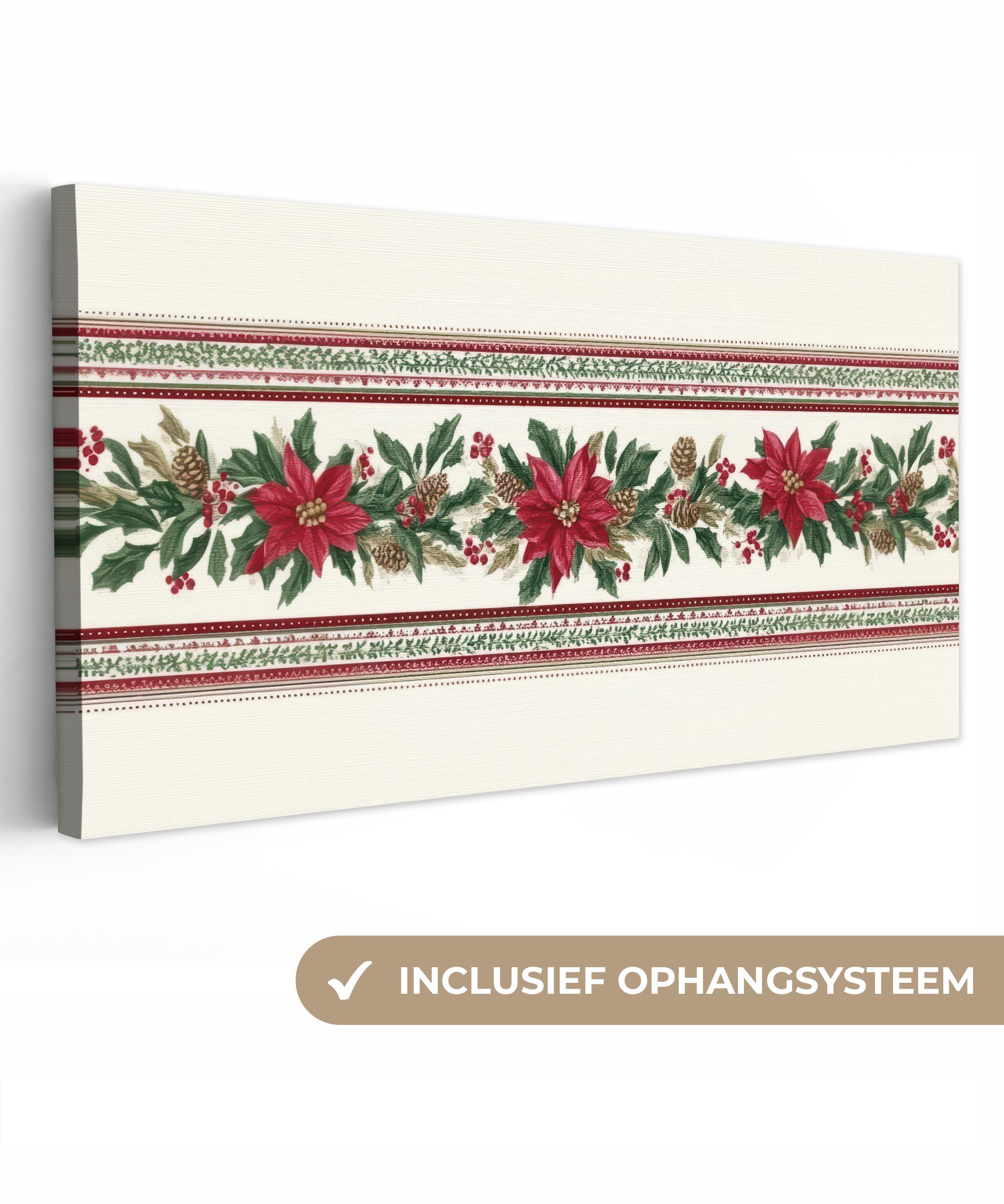 OneMillionCanvasses® Leinwandbild Panorama Weihnachtsstreifen - Weihnachtsstern - Rot - Grün, Fotodruck (1 St), Wandbild, Deko Schlafzimmer Wohnzimmer Flur 40x20 cm