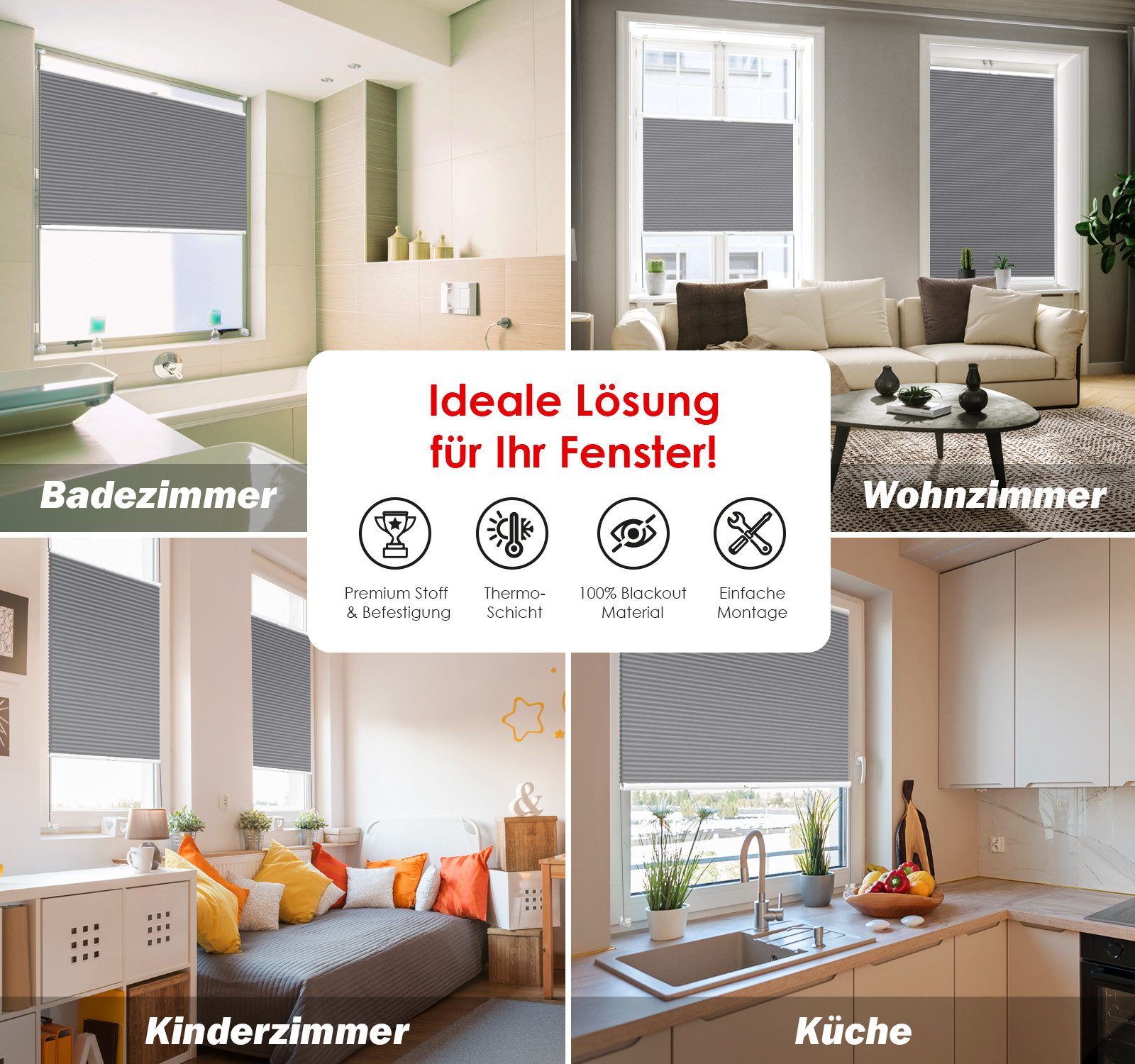 DomDeco Wabenplissee Thermo Plissee ohne Bohren - Hitzeschutz, Verdunkelung, verspannt, abdunkelnd, Klemmfix, stufenlos, kälteschutz, modernes Fensterplissee