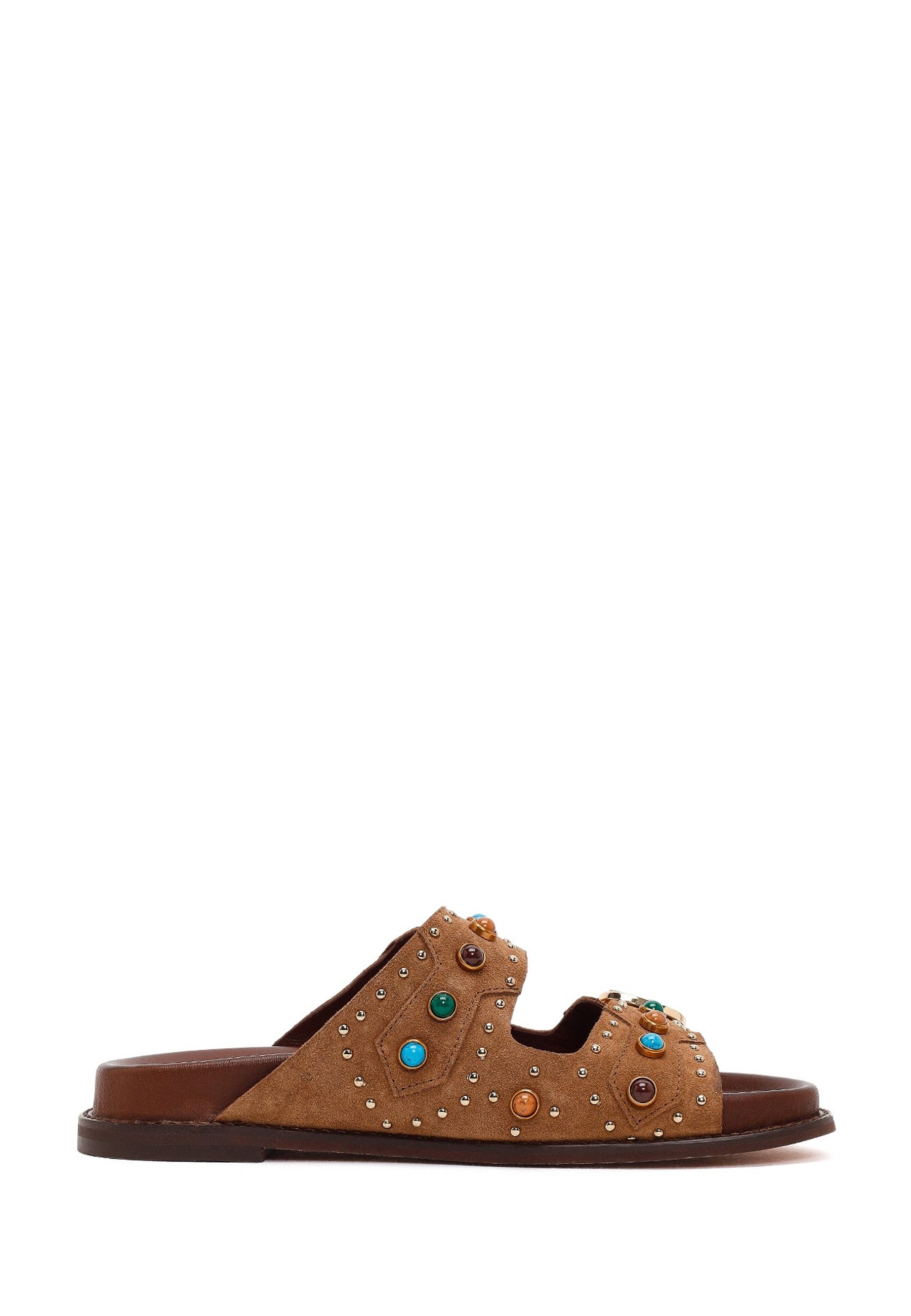 Derimod Pantoletten aus Veloursleder Mules Echtes Leder, Schlupfdesign, TPU-Sohle, Nietenverzierung
