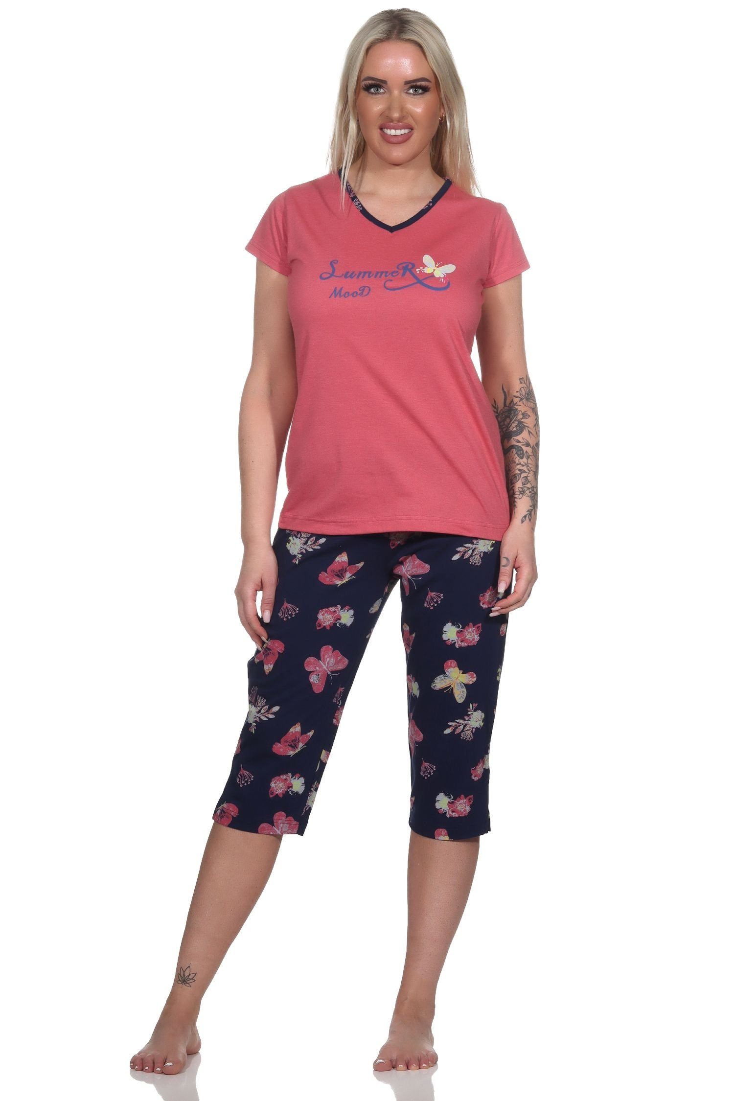 Normann Pyjama Damen kurzarm Capri Schlafanzug mit Schmetterling als Motiv rot