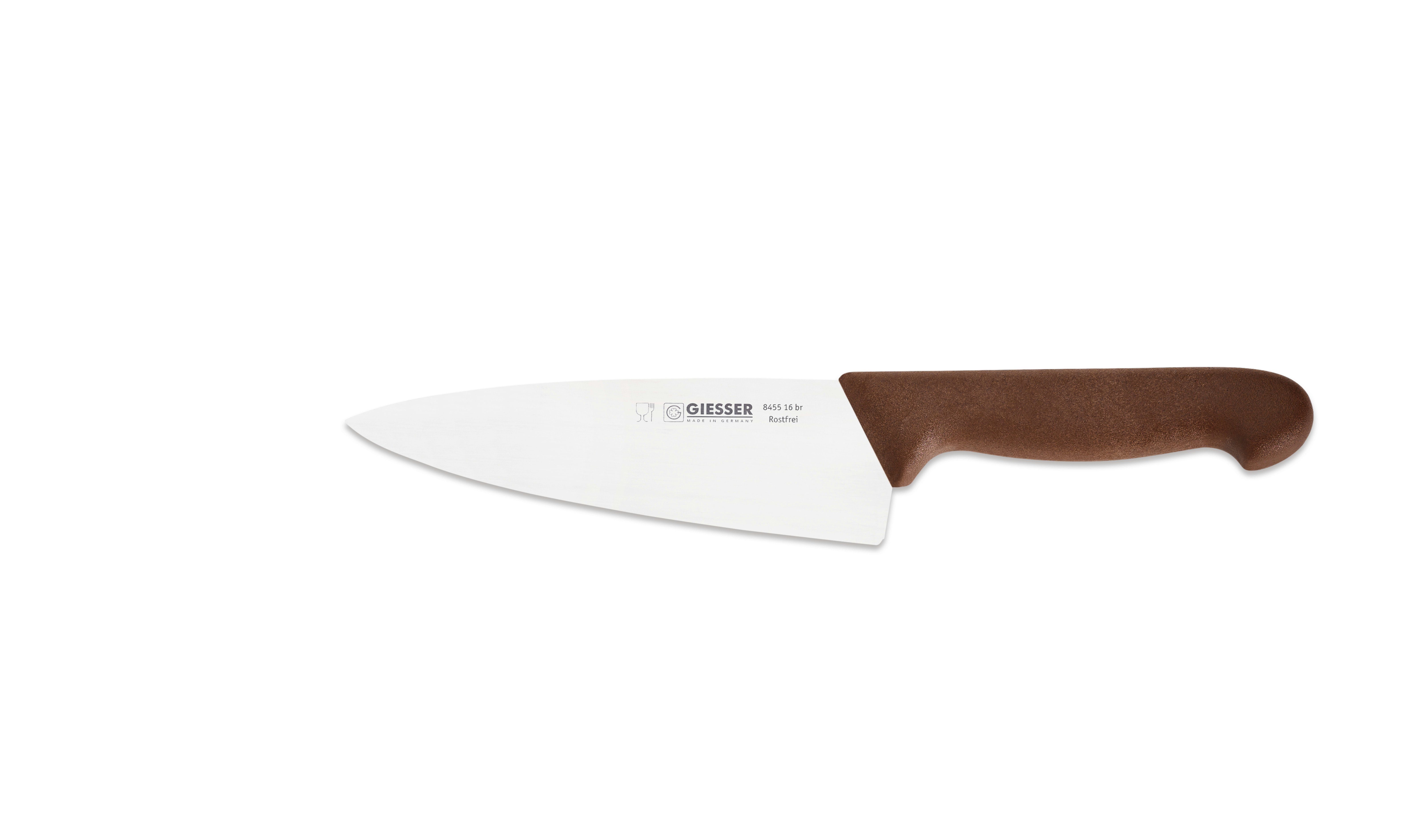 Giesser Messer Kochmesser Küchenmesser breit 8455, Rostfrei, breite Form, scharf, Handabzug, Ideal für jede Küche braun