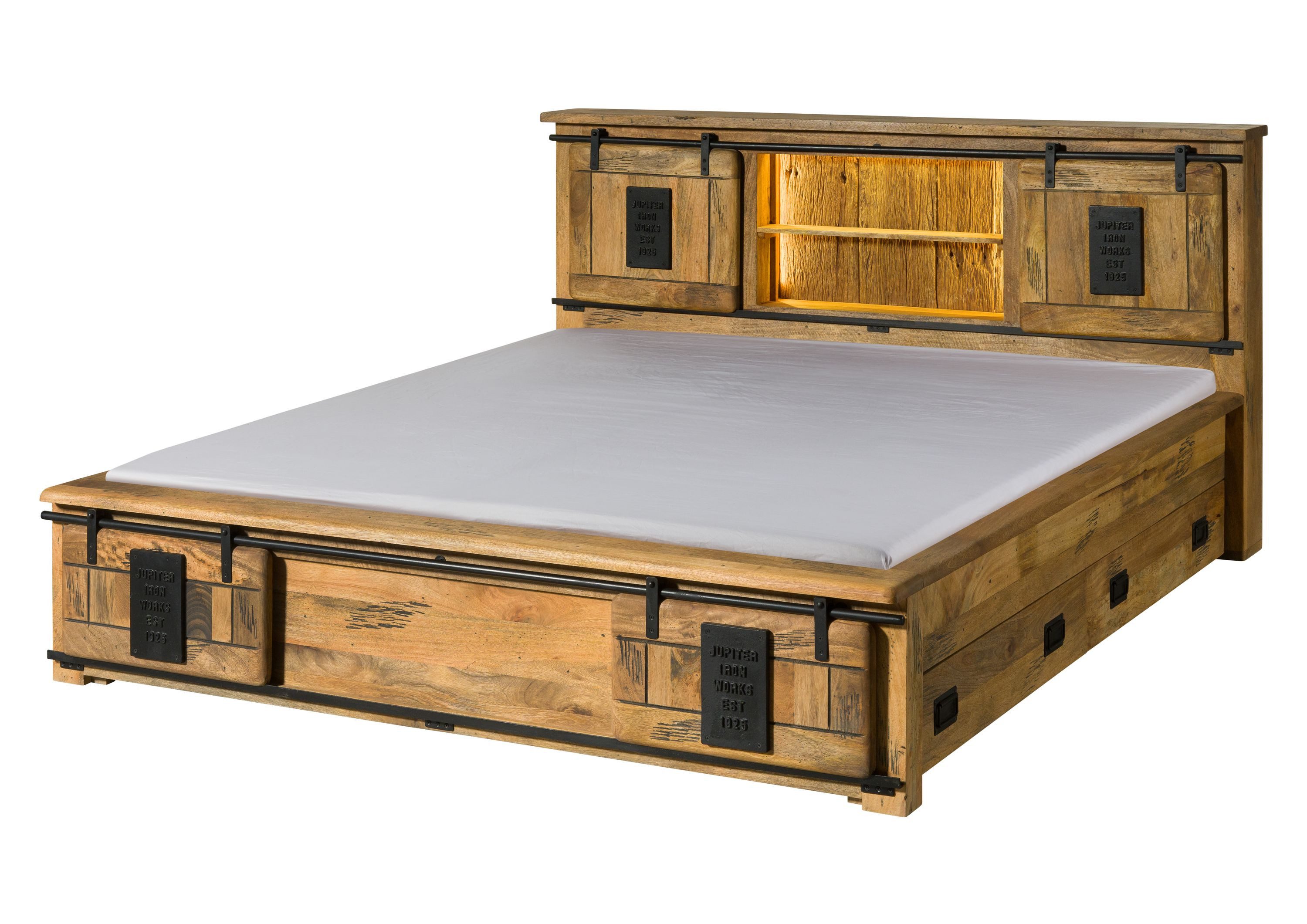 Massivmoebel24 Massivholzbett RAILWAY LUX (mit Schublade Mango / Altholz 160x200 natur lackiert RAILWAY LUX #108), mit Schublade Mango / Altholz 160x200 natur lackiert RAILWAY LUX #108