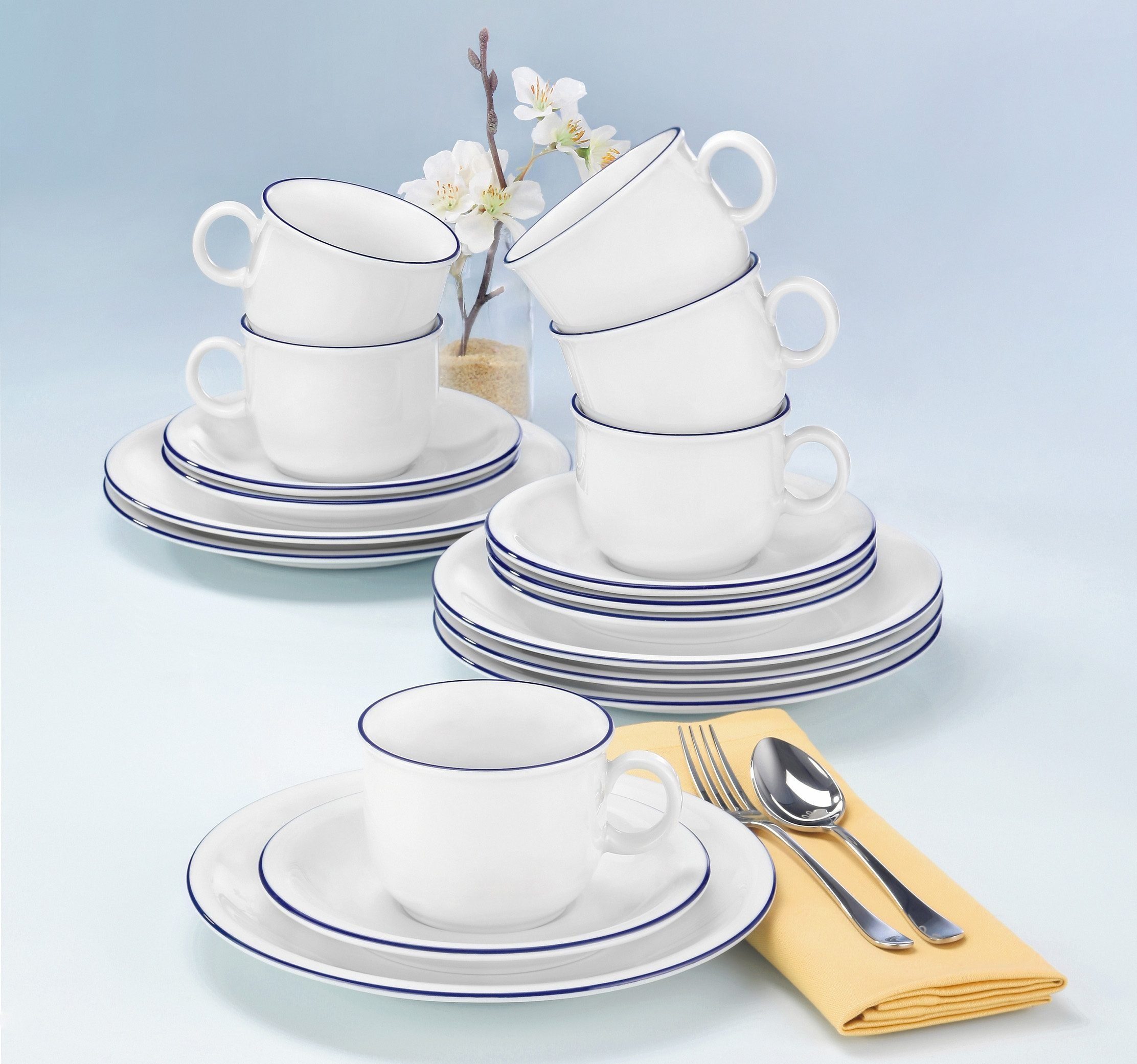 Seltmann Weiden Kaffeeservice Geschirr-Set, Service Compact Blaurand (18-tlg), 6 Personen, Porzellan, Teller, Tassen, Untertassen, Made in Germany, 18 Teile, für 6 Personen