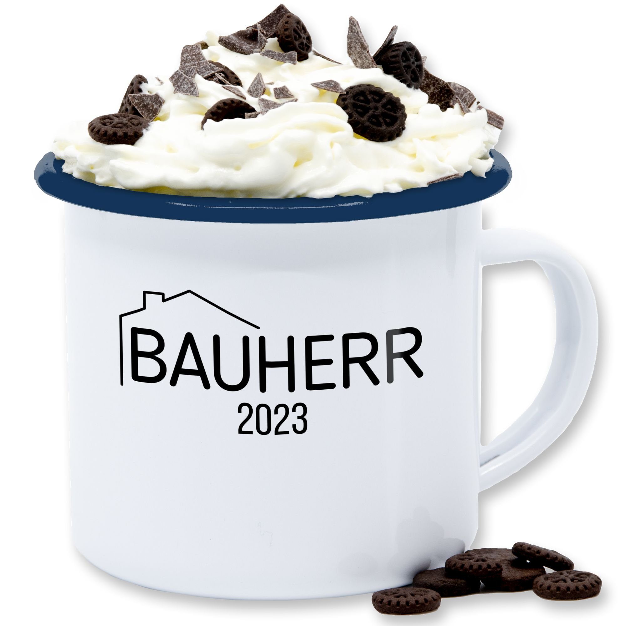 Shirtracer Tasse Bauherr 2023, Stahlblech, Kaffeetasse Hobby Geschenk 3 Weiß Blau