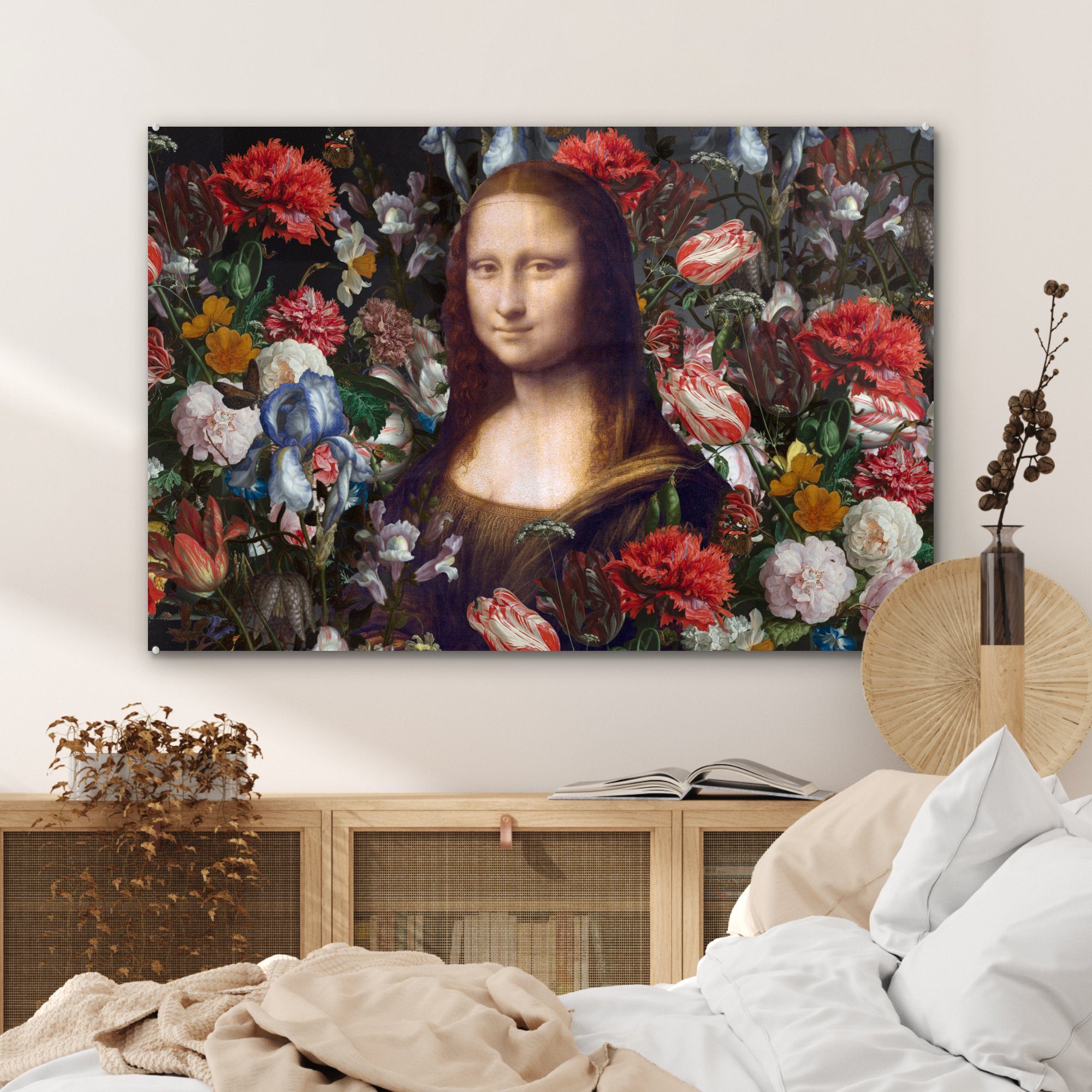 MuchoWow Acrylglasbild Mona - bunt da Lisa & Vinci Leonardo Blumen, Schlafzimmer - (1 Wohnzimmer Acrylglasbilder St)