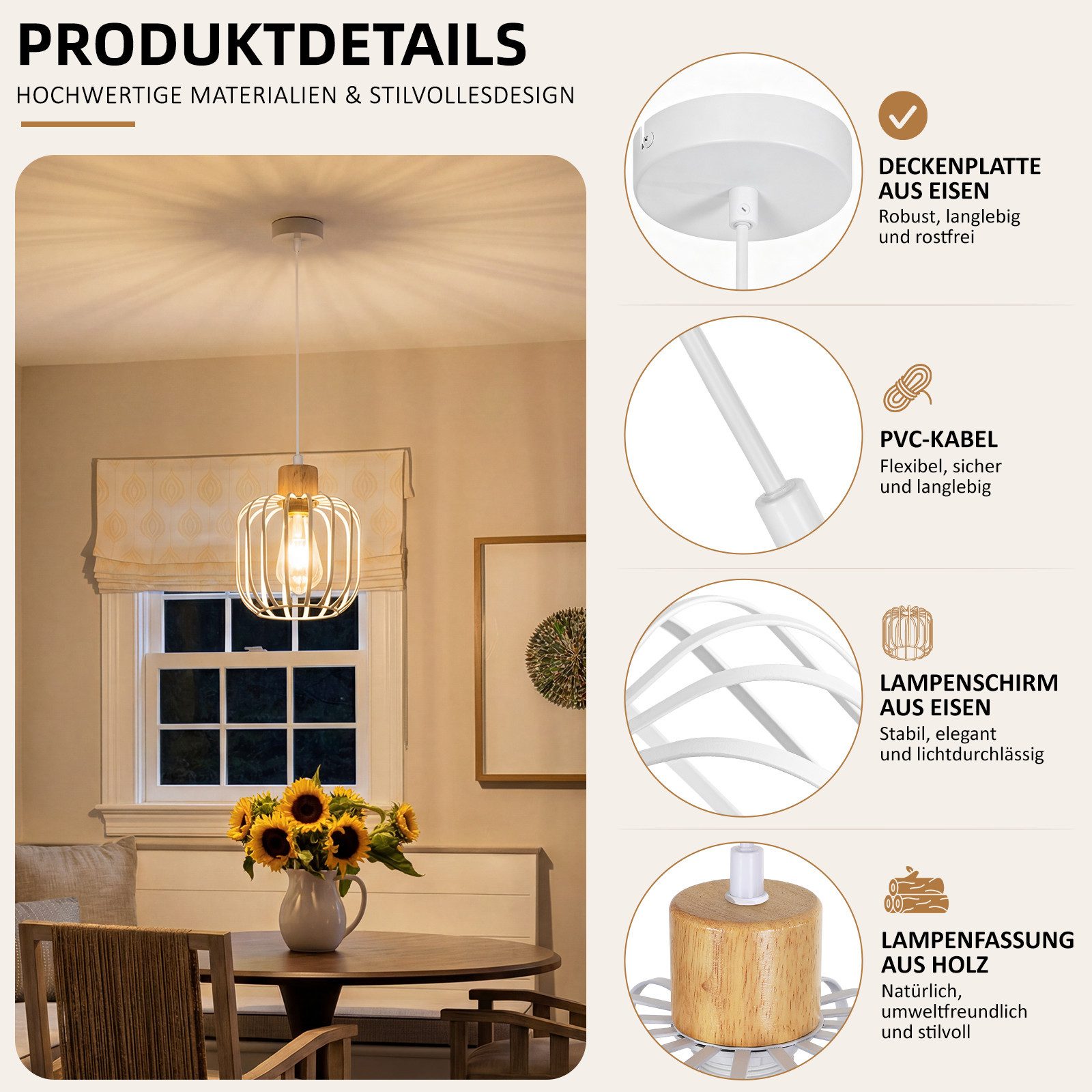 Nettlife Pendelleuchte Weiß/grau 1/3flammig Holz moderne Hängelampe E27 Fassung, ohne Leuchtmittel, für Esstisch Wohnzimmer Küche Flur Kücheninsel