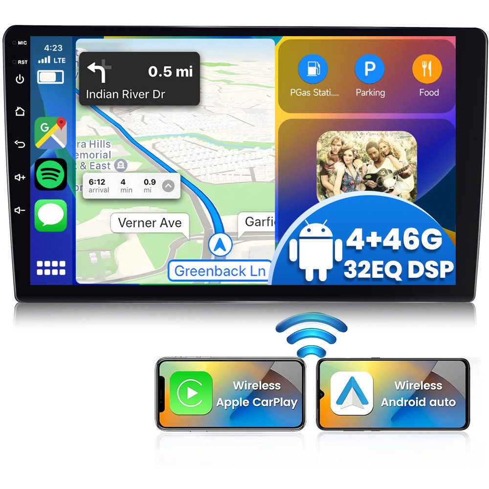 PODOFO 9 Zoll IPS Touchscreen 2 DIN Android mit GPS Mirror Link 4+64G Autoradio (WiFi FM/RDS Radio 32EQ DSP SWC USB, Kabelloses CarPlay Kabelloses Android Auto)