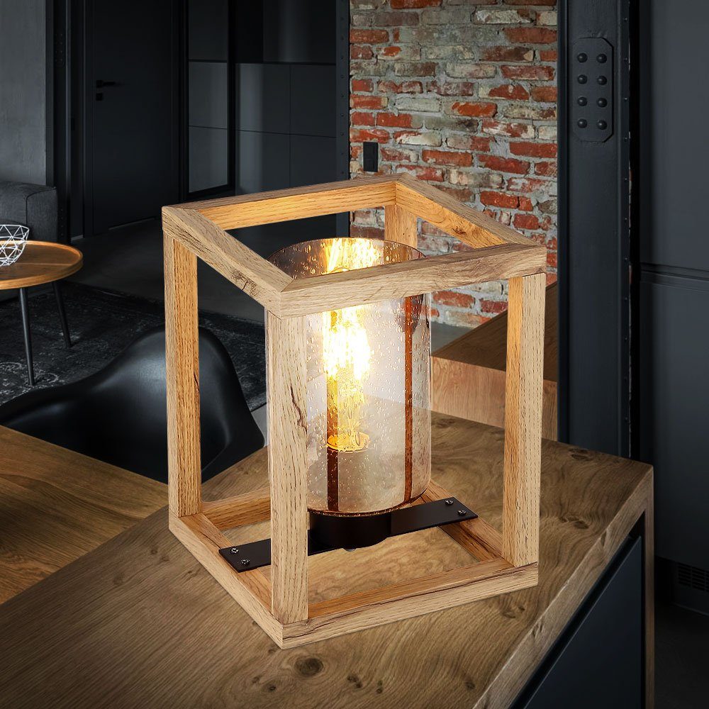 etc-shop LED Tischleuchte, Leuchtmittel Holz Tischlampe Glas inklusive, nicht rauch Nachttischleuchte Luftblasen Design