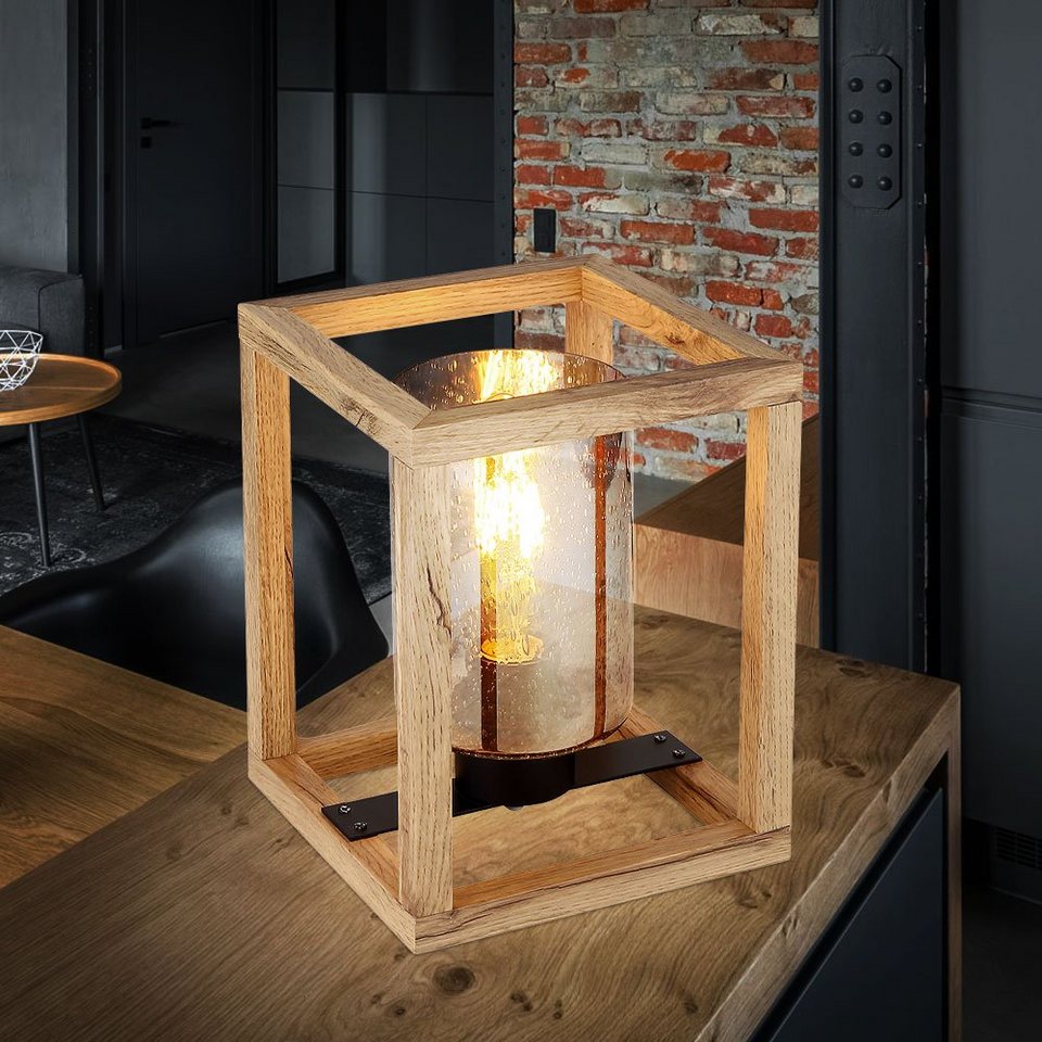 etc-shop LED Tischleuchte, Leuchtmittel nicht inklusive, Tischlampe  Nachttischleuchte Holz Glas Luftblasen Design rauch
