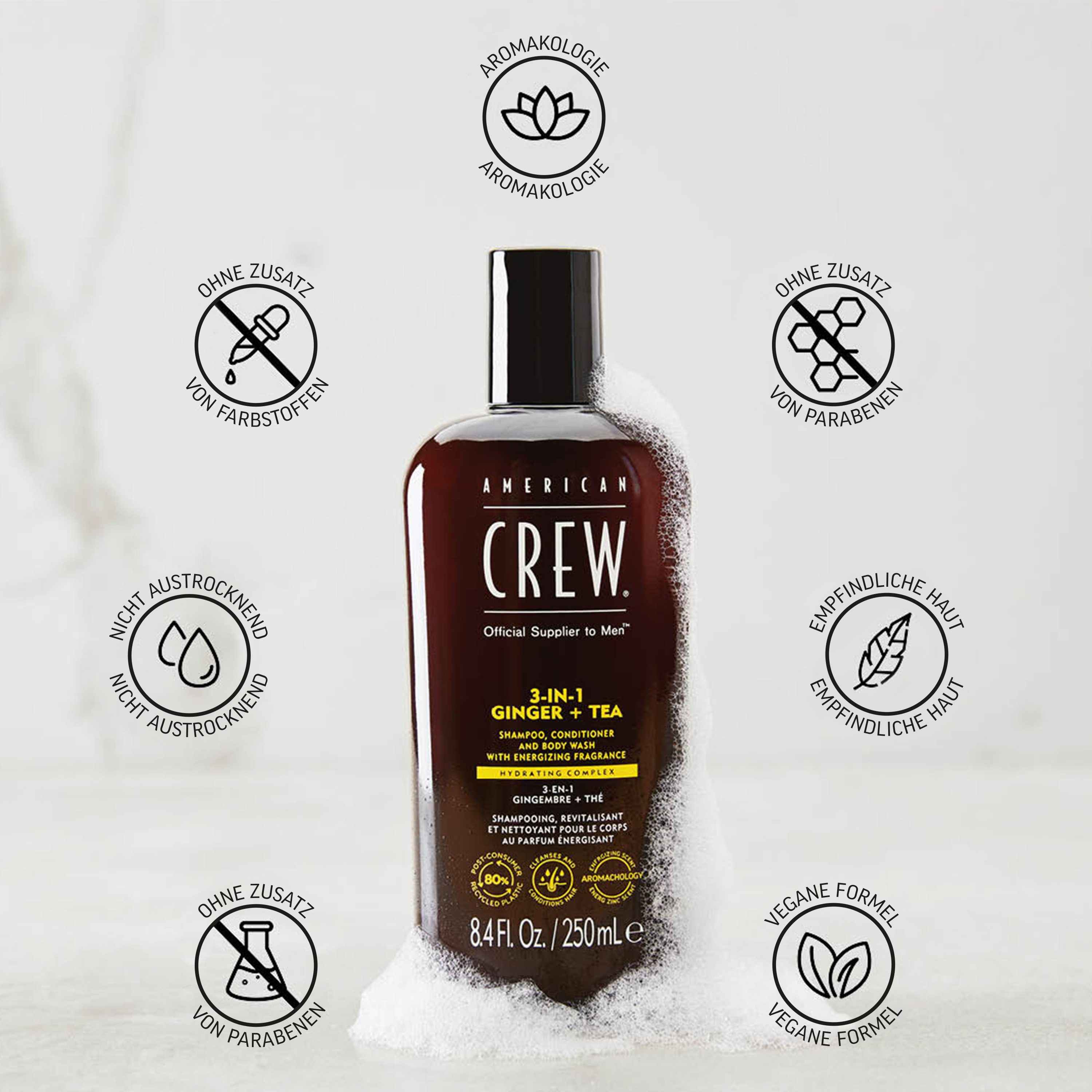 American Crew Haarshampoo 3In1 Ginger & Tea Shampoo, Conditioner & Body Wash 450 ml, 1-tlg., Für Herren aller Haartypen, spendet Feuchtigkeit, beruhigt Kopfhaut.