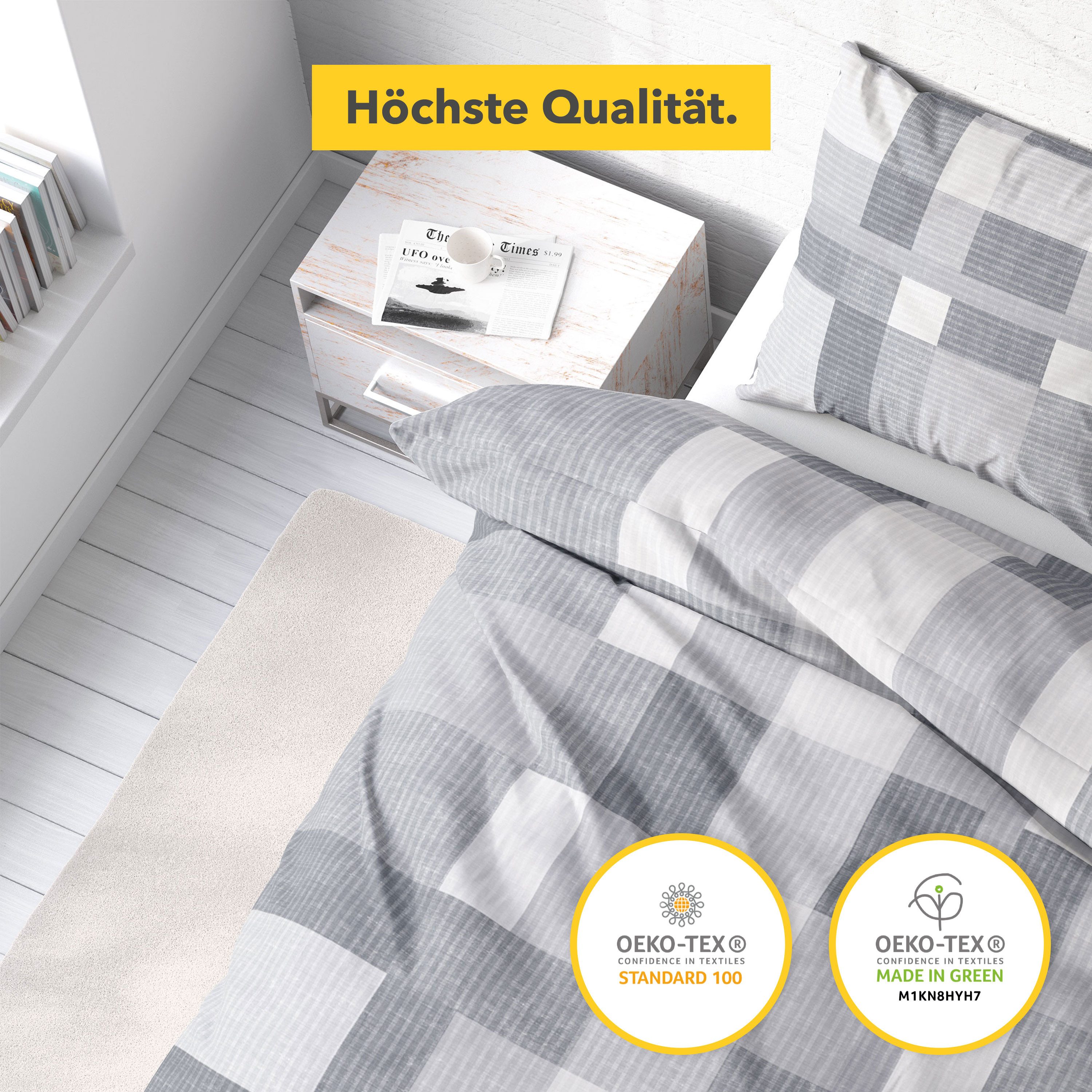 Träumschön Bettwäsche Premium Set aus Baumwolle 135x200 oder 155x220 cm, Muster Kariert grau, Baumwolle, 2 teilig, mit Reißverschluss, luftig und leichte Sommerbettwäsche