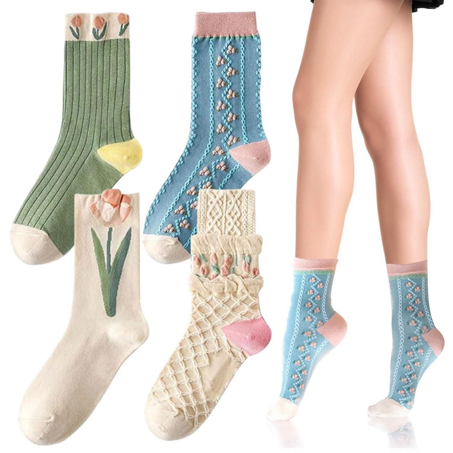 LuxusKollektion Freizeitsocken Damensocken Vintage Blumenmuster Baumwolle Mehrfarbig 4 Paar