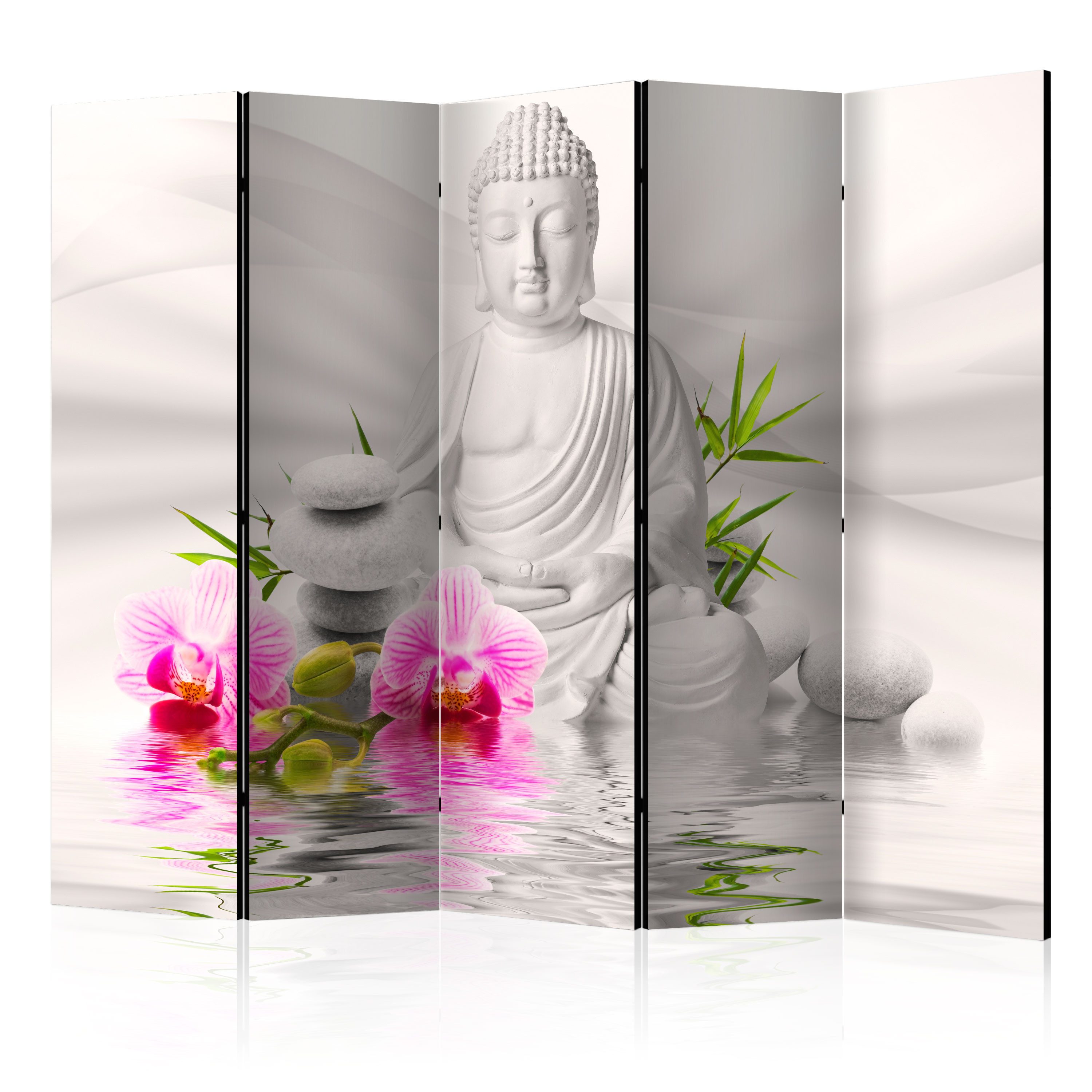 Muralo Paravent 5-teilig Raumteiler klappbar Buddha Statue Orchideen Blumen 3D (Packung, 1 St., 225x172 cm), 3 Varianten, für das Schlafzimmer, das Wohnzimmer