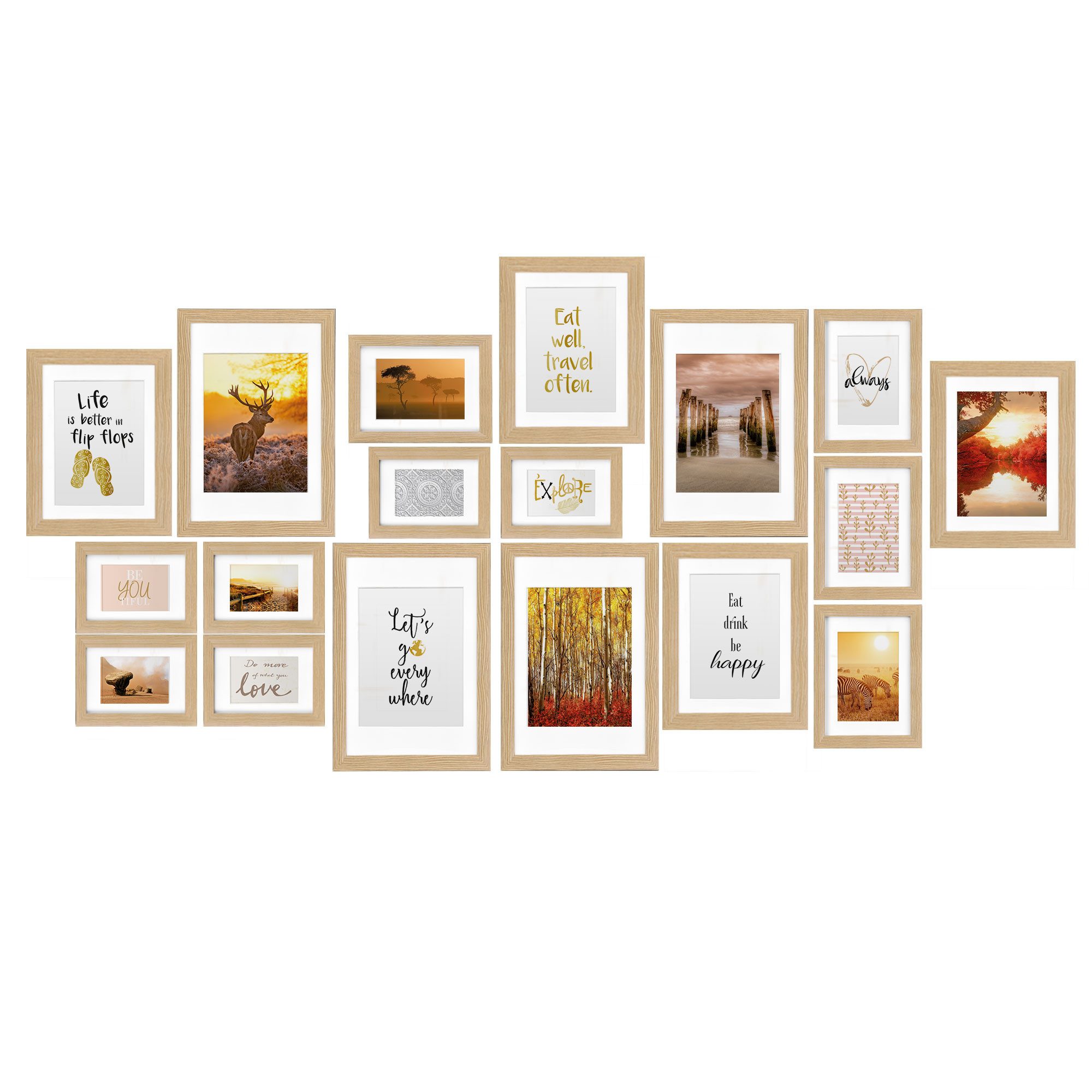 bomoe Bilderrahmen 18er Bilderrahmen Set Passion, Fotowand Bilder Eiche, 6x 10x15 cm, 4x 13x18 cm, 4x 18x24 cm, 4x 20x30 cm mit Passepartout