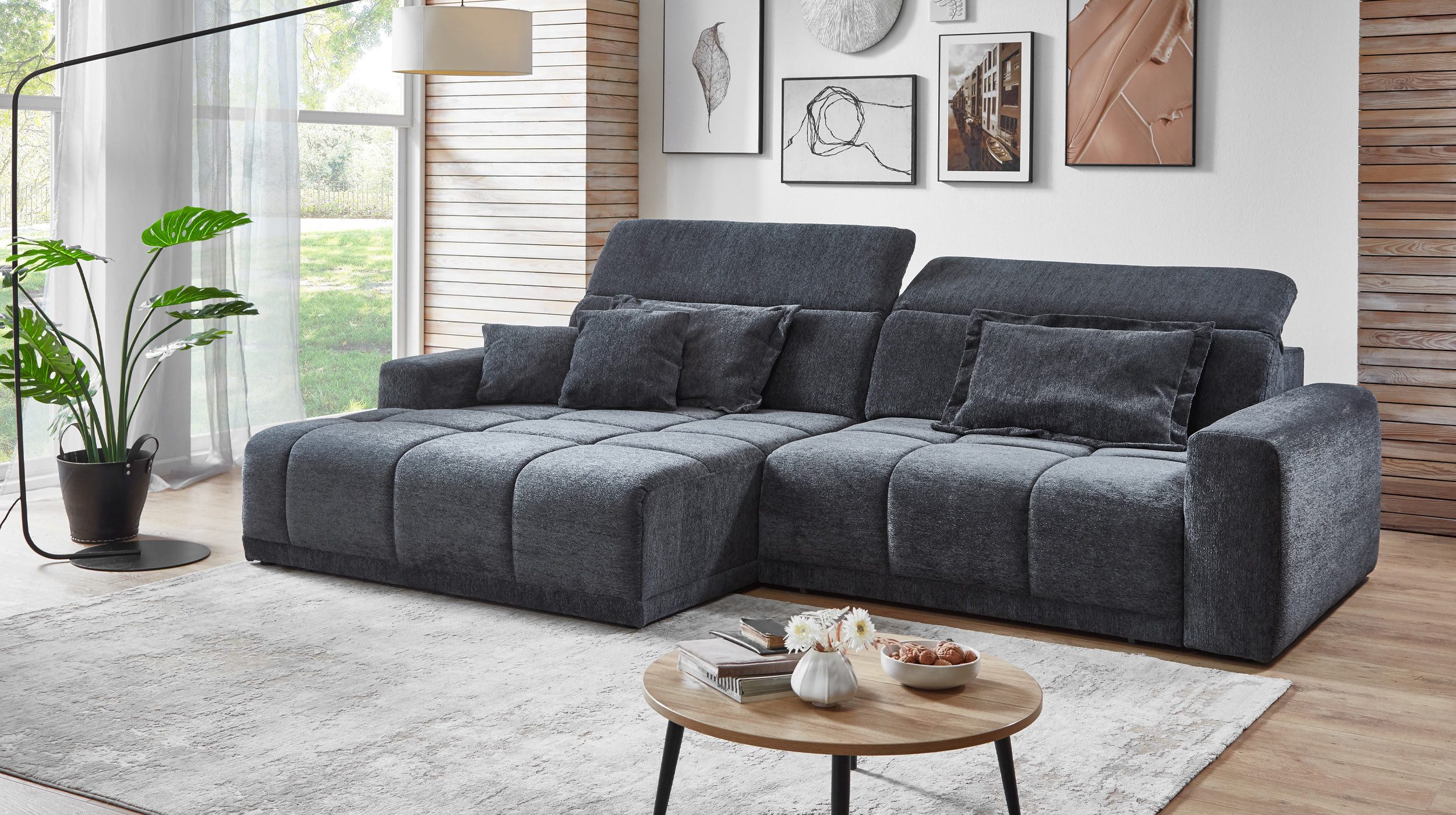 Massivart® Ecksofa Bouclé Bezug / 288 cm / elektrische Sitztiefenverstellung / BROOK, Kopfteilverstellung · Nosagunterfederung · frei im Raum stellbar