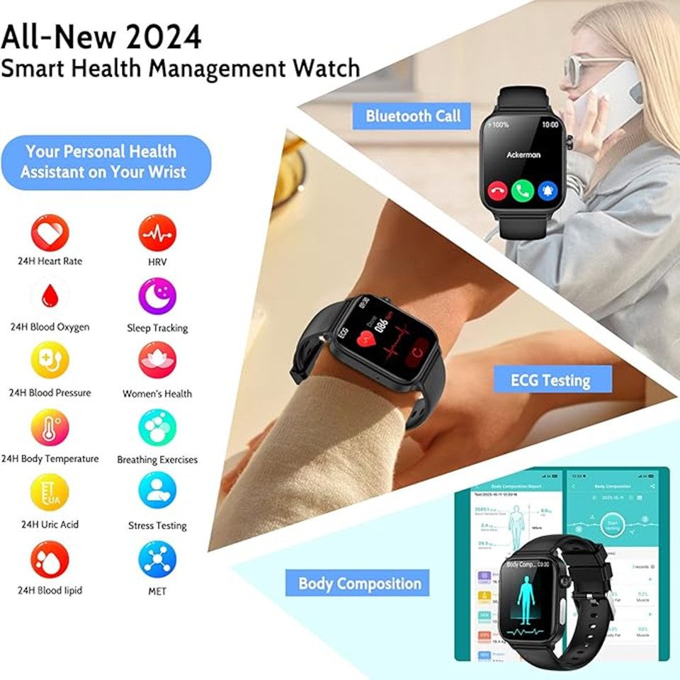 Lige Smartwatch Herren Damen mit Telefonfunkion Wasserdicht Smartwatch, Fitnessuhr, Trackt Herzfrequenz, Blutdruck, Körpertemperatur
