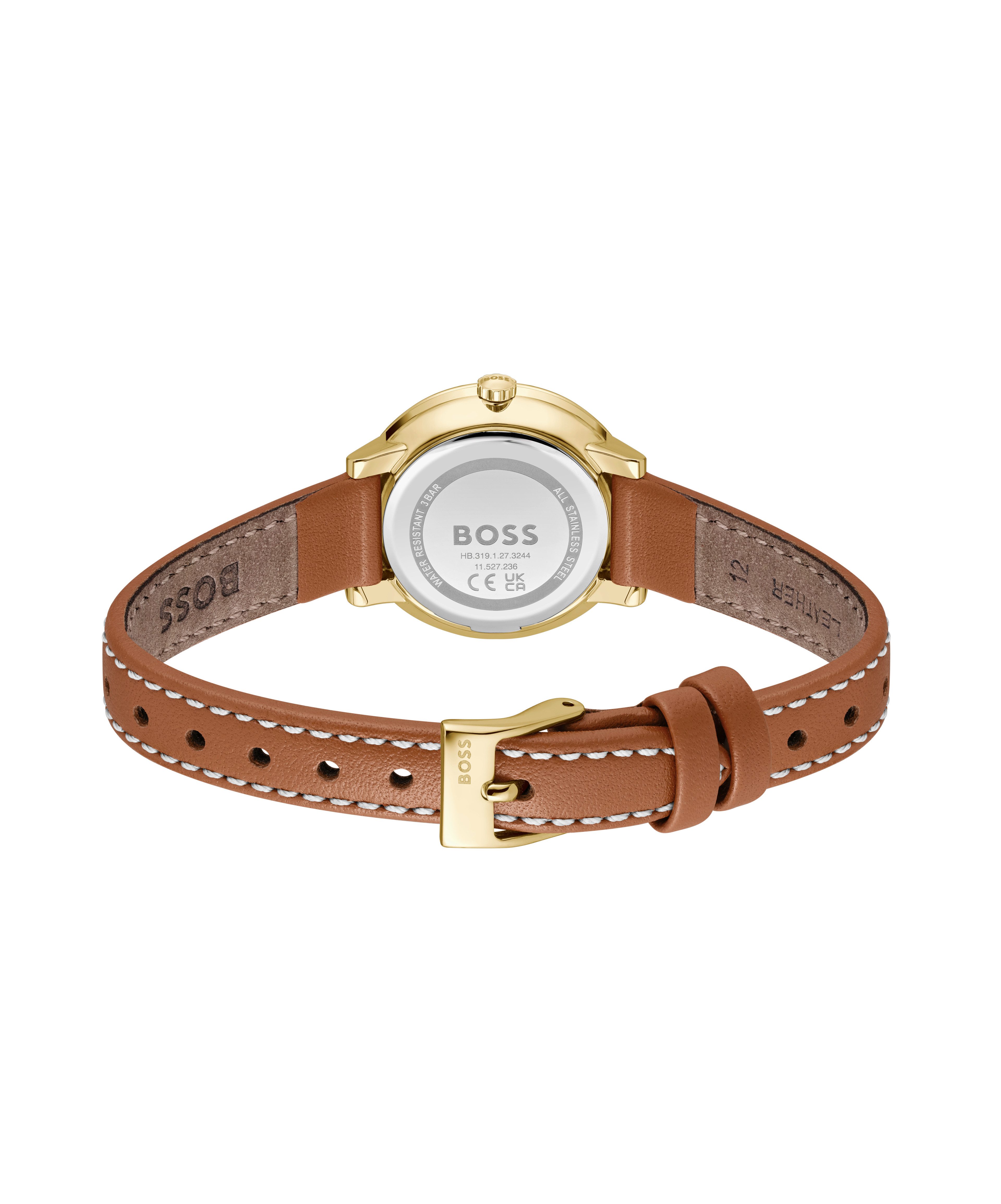 BOSS Quarzuhr LUCIA 1502817, Armbanduhr, Damenuhr, Lederarmband, analog, Glassteine