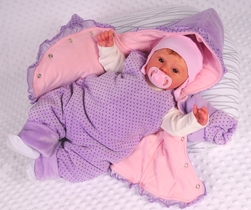 La Bortini Schneeoverall Wagenanzug Babyanzug warme Baby Jacke und Latzhose Set 50 56 in Lila aus weichem Velours, mit Kätzchen, für Neugeborene 50 56