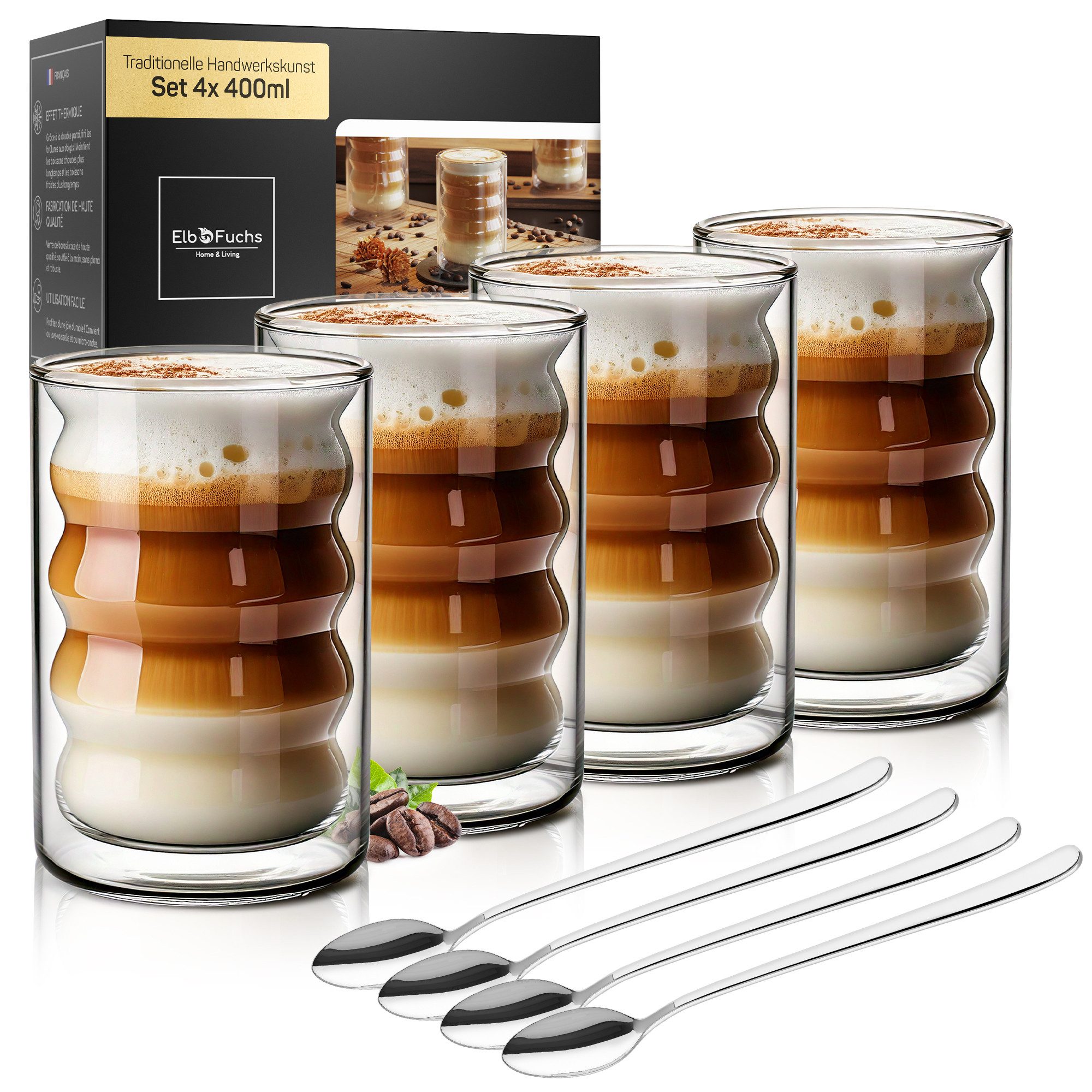 ElbFuchs Latte-Macchiato-Glas Lisbon Bubble, 400ml, 4-tlg., Doppelwandiger Thermoeffekt, Borosilikatglas