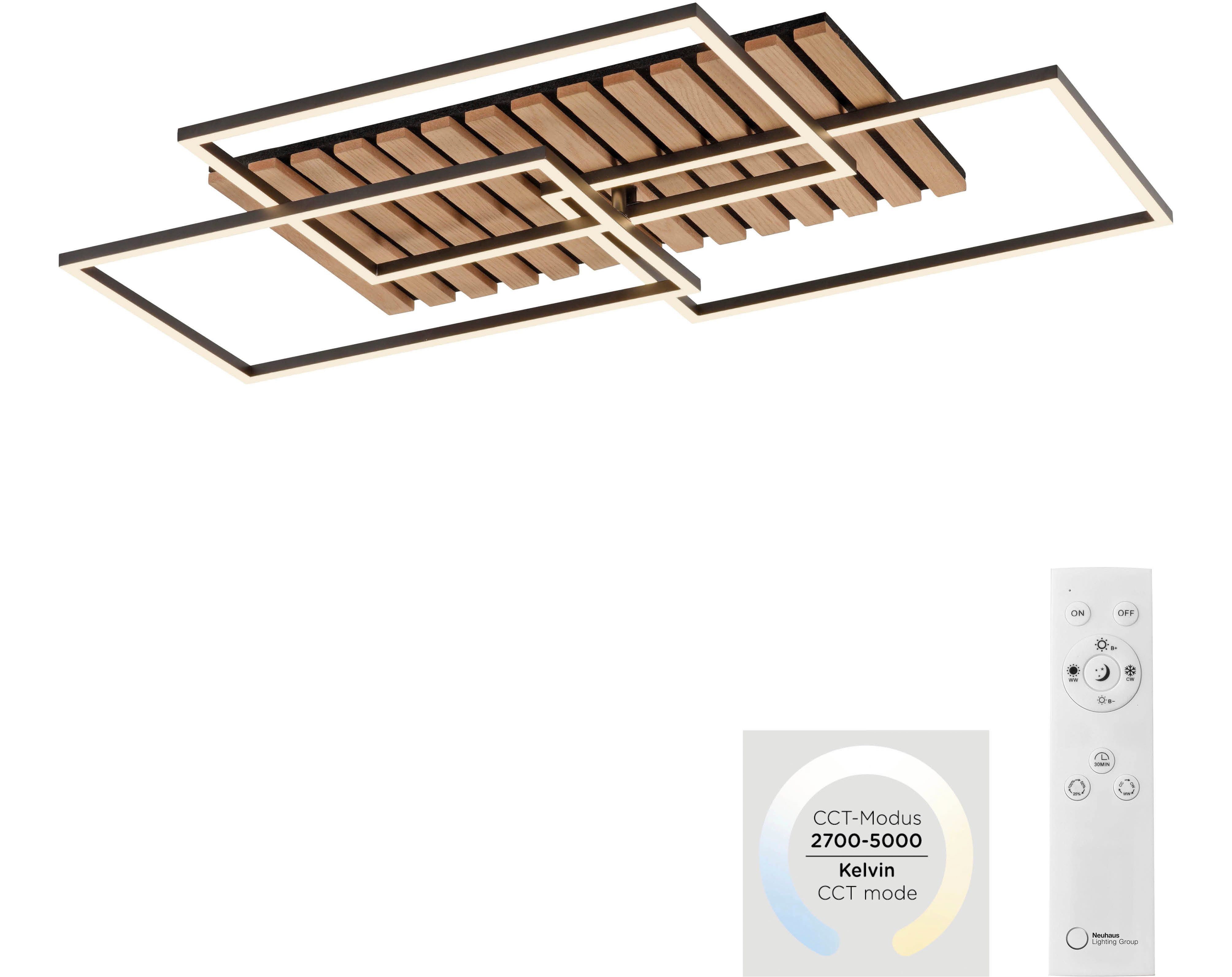 OTTO home Deckenleuchte Ullii Akustikpaneele, CCT - über Fernbedienung, Dimmer, Dimmfunktion, Ein-/Ausschalter, Farbsteuerung, Memory, nach Trennung vom Netz, Memoryfunktion, dimmbar über Fernbedienung, LED fest integriert, warmweiß - kaltweiß, Frame schwenkbar, Holz, Akustik, Paneele