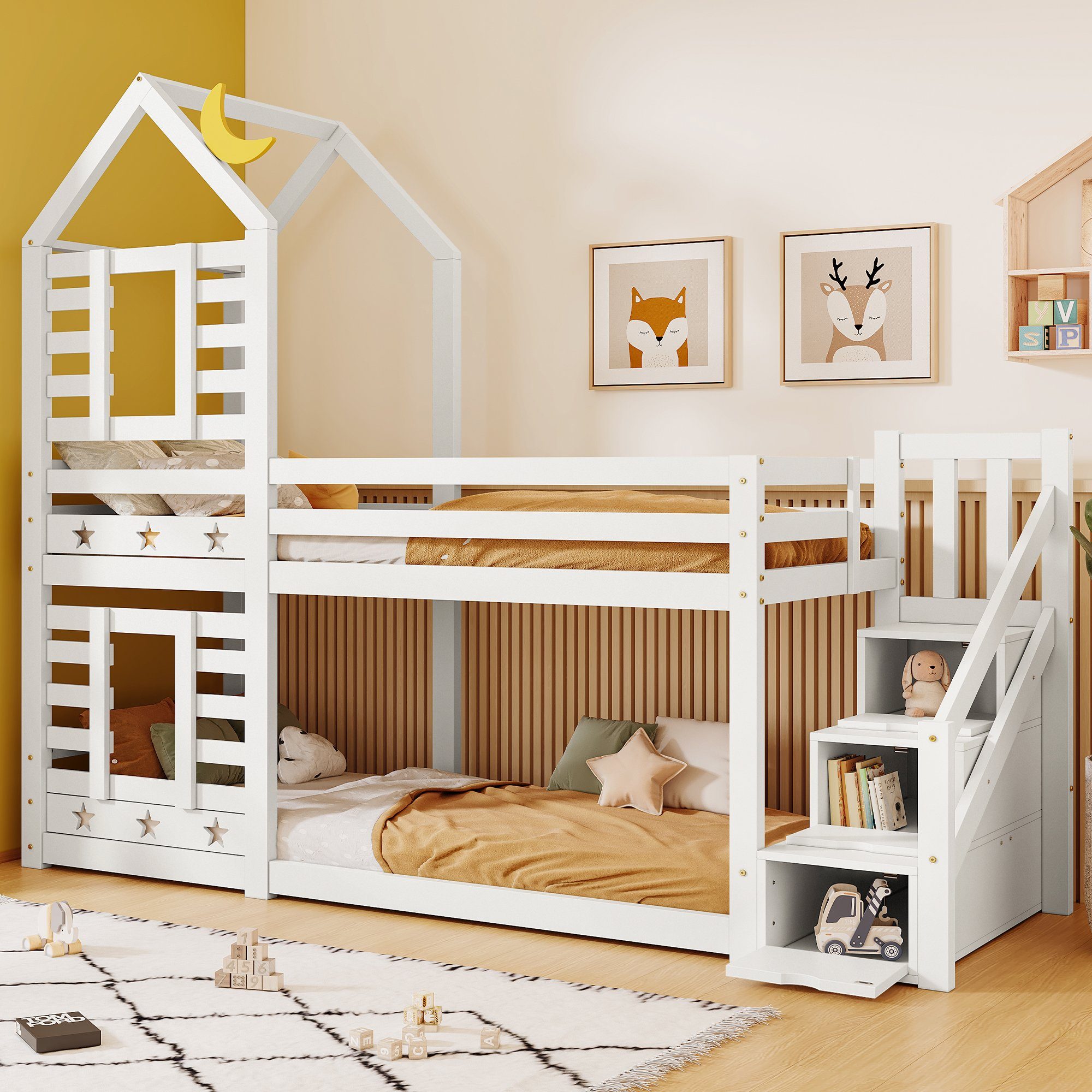 SOFTWEARY Etagenbett mit 2 Schlafgelegenheiten und Lattenrost (90x200 cm),  Kinderbett mit Rausfallschutz, Kiefer, Aus FSC-zertifiziertem  Kiefernmassivholz