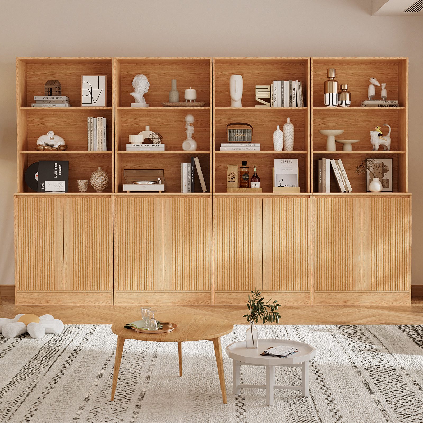 VOWNER Bücherregal 5-stöckig mit 2 Holztüren, 180 cm hoher Standregal mit offenen Fächern, 4-tlg., Mehrzweckschrank, Wohnzimmerschrank, Küchenregal, Sideboard