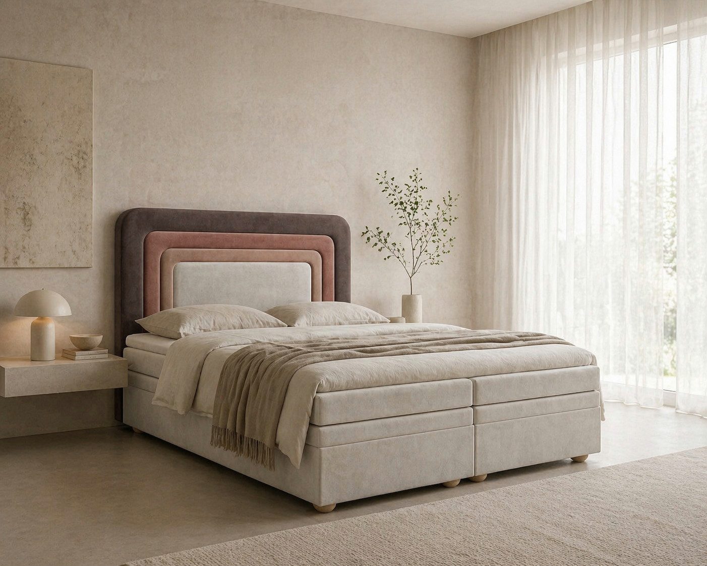 MOEBLO Boxbett NEST (Erdtöne Bett in neutralen Farben, regenbogenförmige abgerundete Kopfstütze, mit Bettkasten, Samt, Velour, Bonell + Topper, Doppelbett Taupe Beige), (BxHxT): 143 / 163 / 183 x 125 x 214 cm