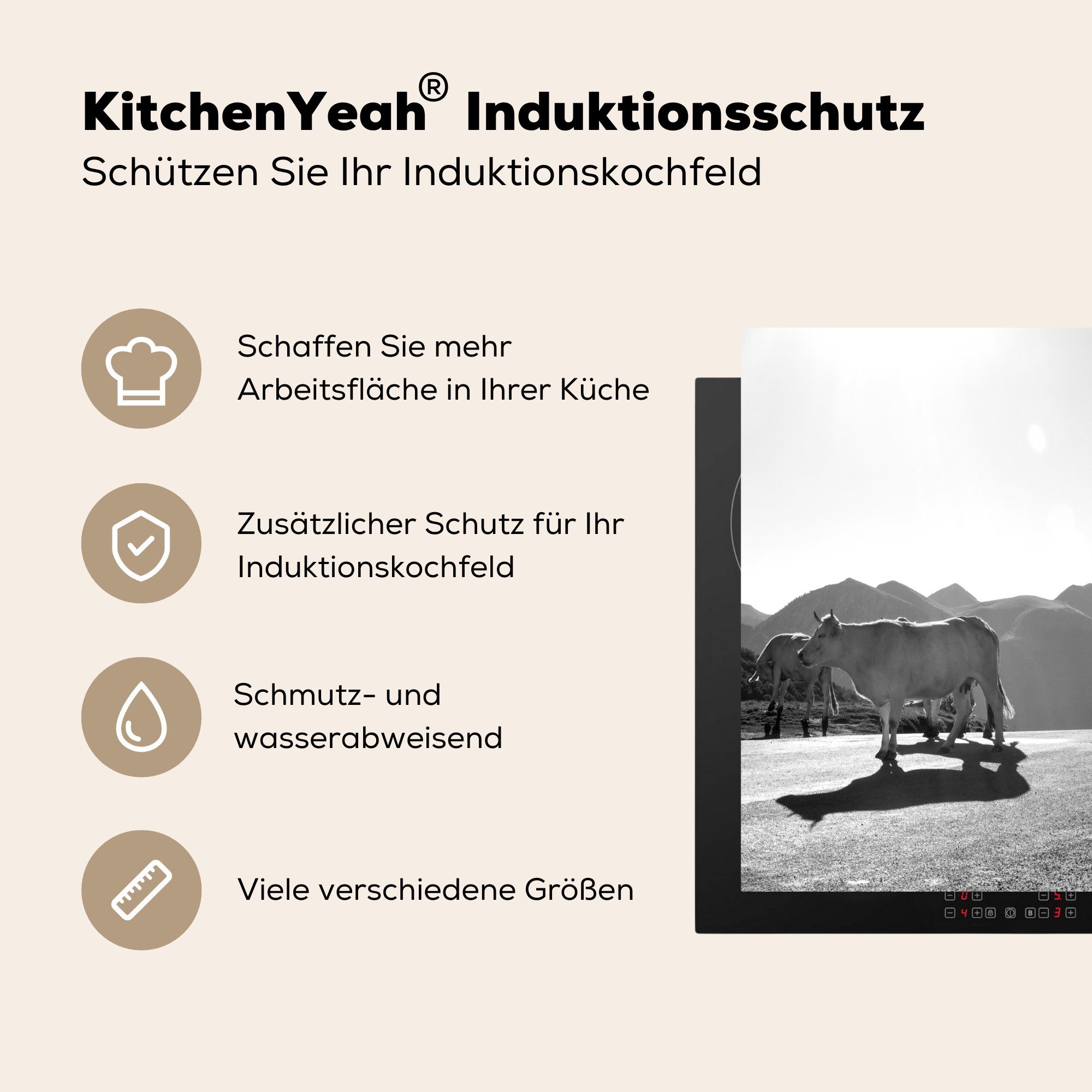 Induktionsschutz, Induktionskochfeld, Vinyl, Schottische Herdblende-/Abdeckplatte - - 57x51 Berge tlg), Licht cm, - MuchoWow Ceranfeldabdeckung (1 Highlander Natur,