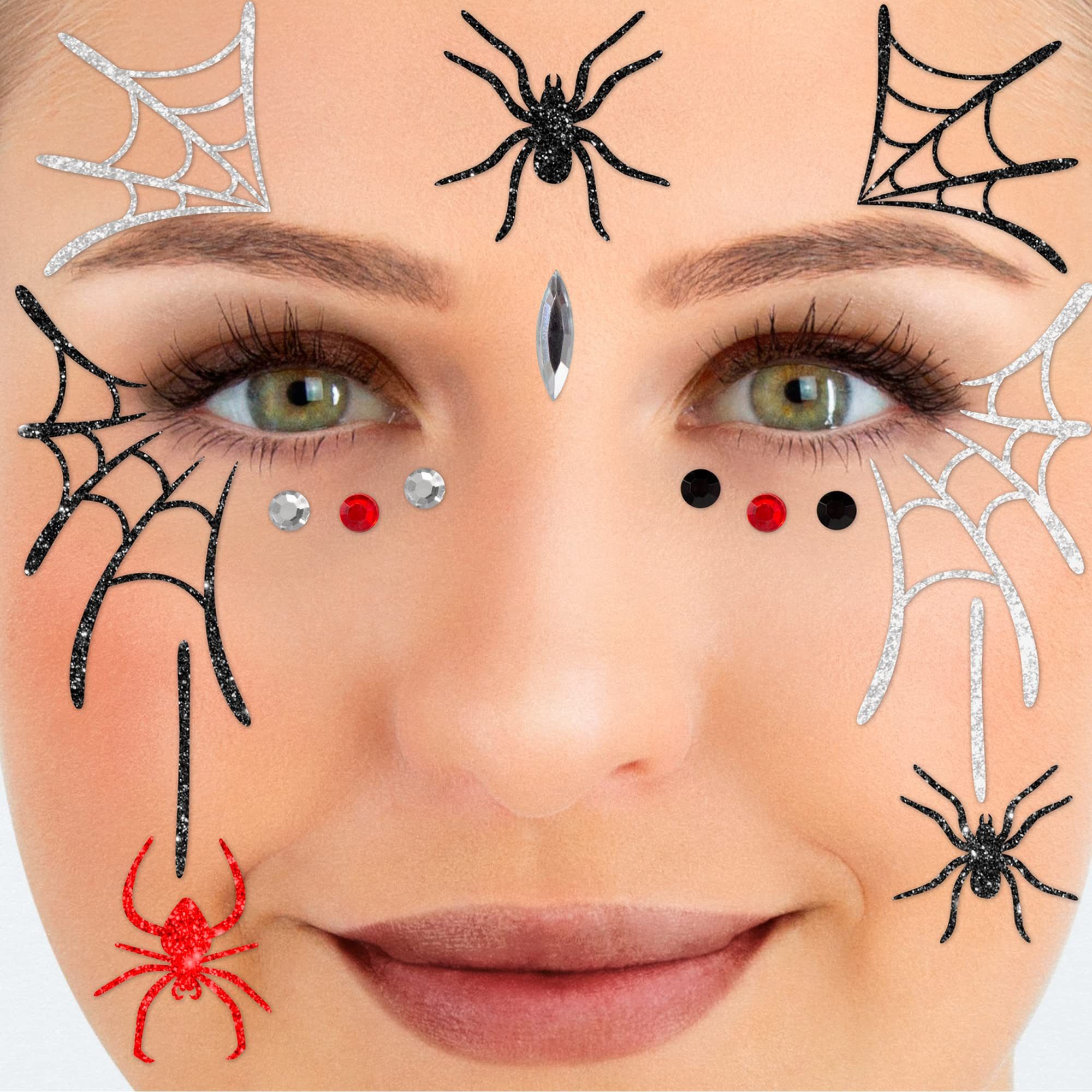 Party Factory Strass-Tattoo Glitter Face Tattoo - Spinnen, mit Glitzerelementen und Strass-Steinchen je nach Wahl
