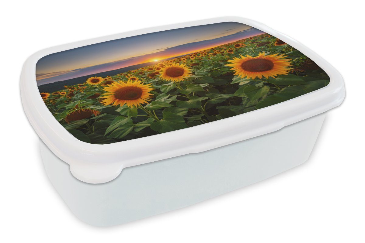MuchoWow Lunchbox Blumen - Nacht - Sonnenuntergang - Sonnenblume - Horizont, Kunststoff, (2-tlg), Brotbox für Kinder und Erwachsene, Brotdose, für Jungs und Mädchen weiß
