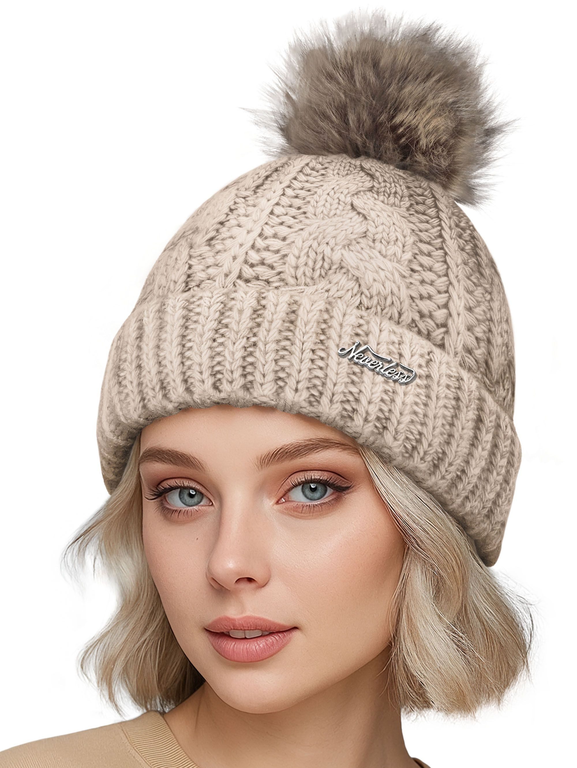 Neverless Bommelmütze Damen Strick-Mütze gefüttert Fell-Bommel Kunstfell Wi günstig online kaufen