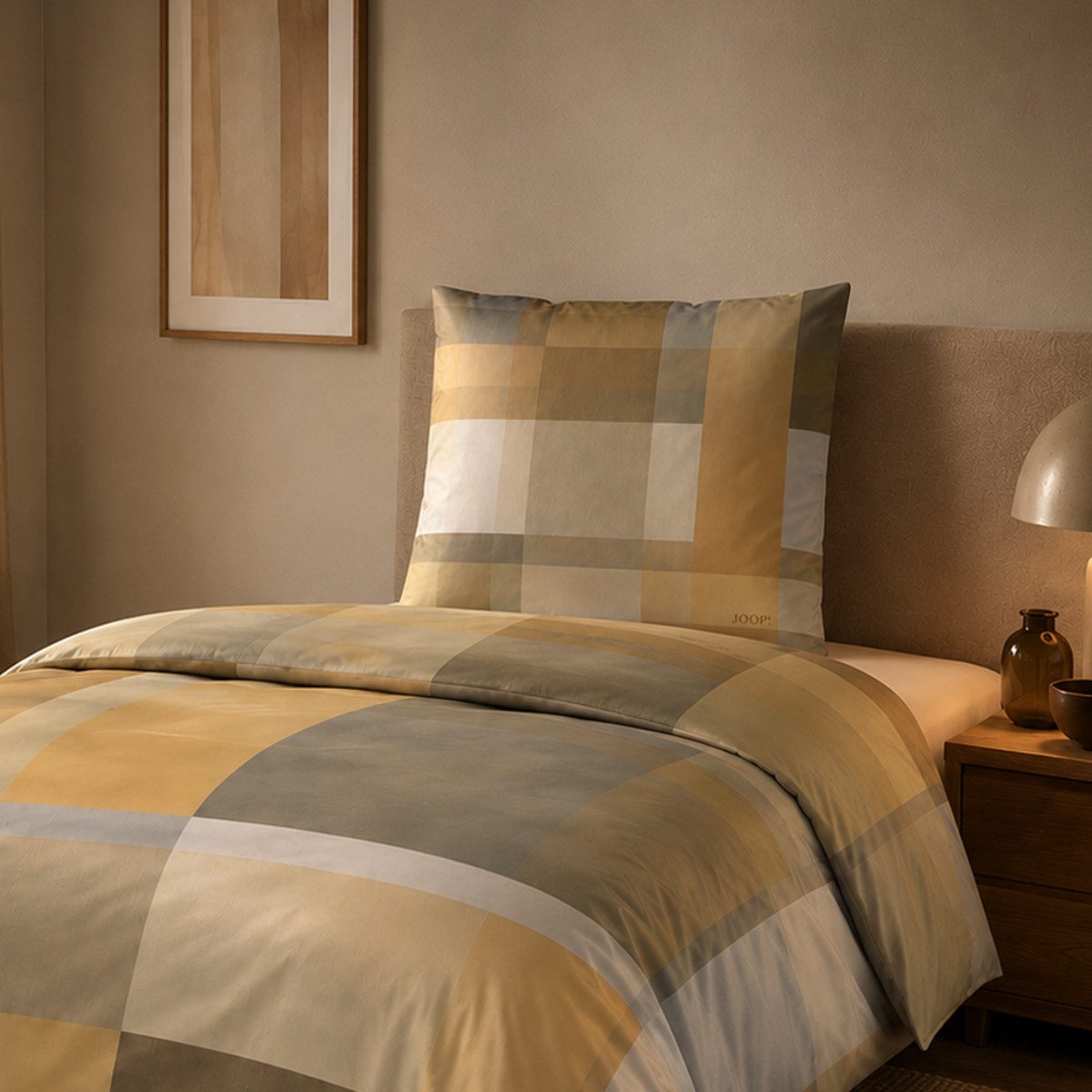 JOOP! Bettwäsche JOOP! Comfort Satin Bettwäsche Glow 4080-3 senf natur Kariert 135x200, 2 teilig