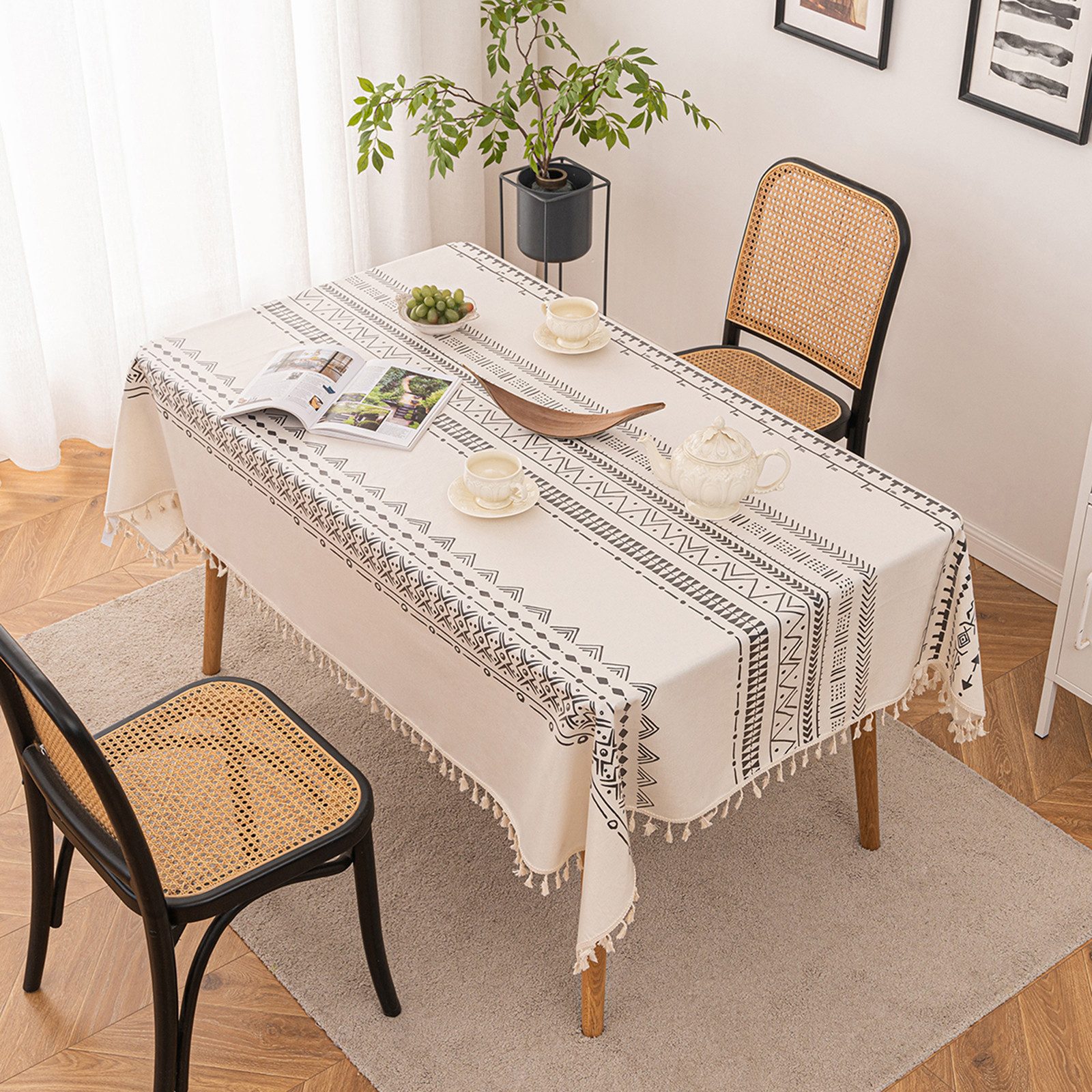 BTTO Gartentischdecke Boho Tischdecke Vintage wasserdicht & ölbeständig mit Quasten, Rechteckige Tischdecke, Möbelschutz Outdoor für Terrasse