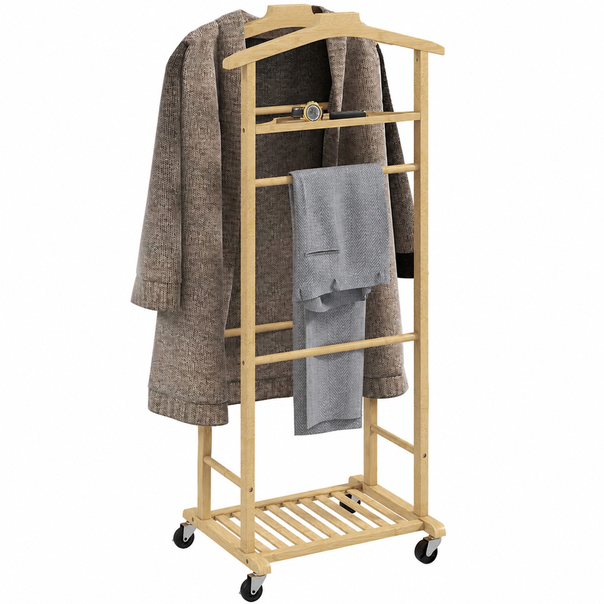 HOMCOM Garderobenständer Schuhablage, Ablagetablett mit Hosenhalter für Schlafzimmer, (Kleiderständer, 1 St., Garderobe), aus Bambus, kompakt, mobil mit Rollen – Bild 2 von 5