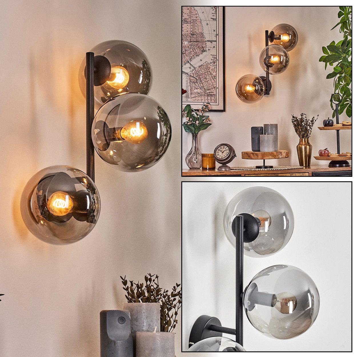 Wandleuchte Wandlampe aus Metall/Glas in Schwarz/Rauchfarben