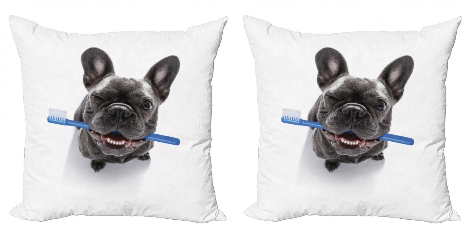 Kissenbezüge Modern Accent Doppelseitiger Digitaldruck, Abakuhaus (2 Stück), Bulldogge Lustiger Hund mit Zahnbürste
