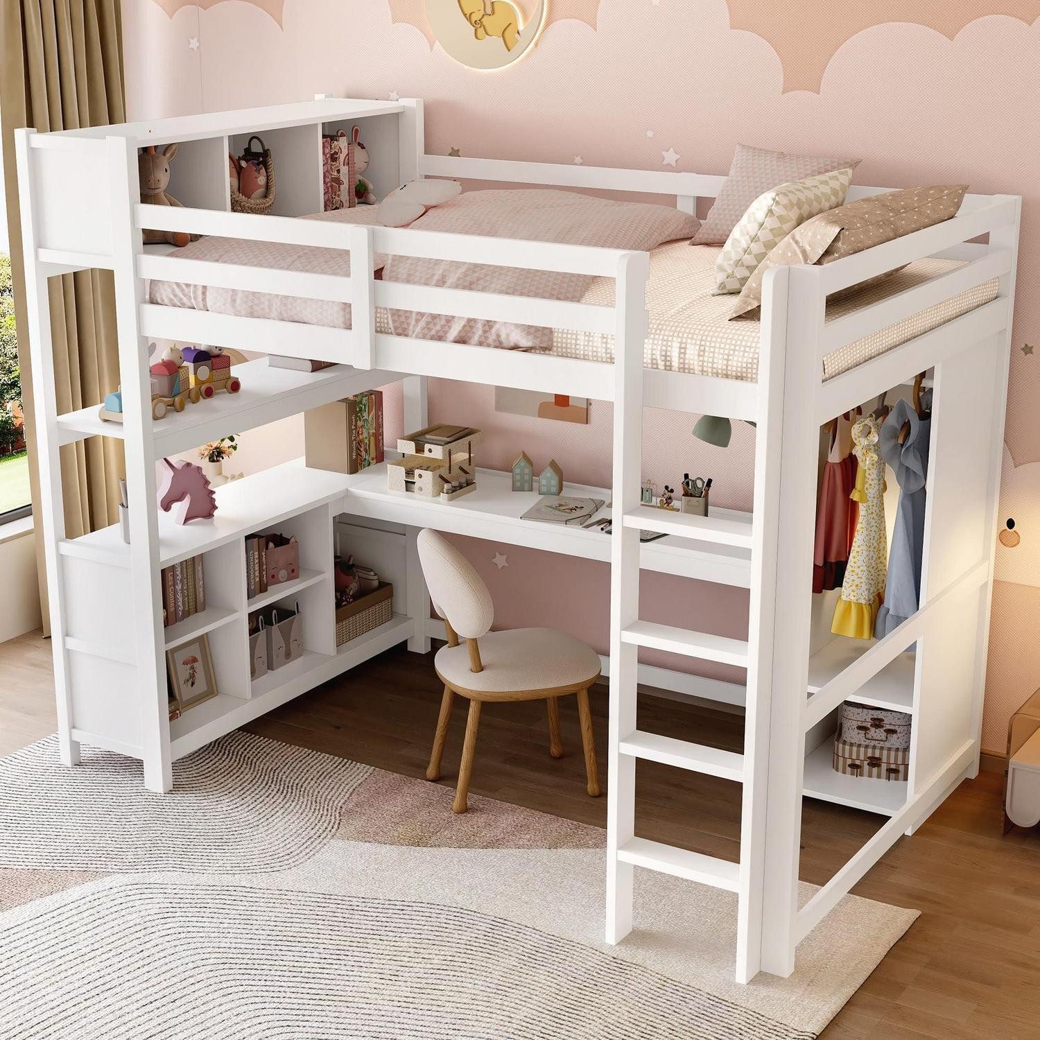 LuxusKollektion Kinderbett Hochbett 140x200cm Weiss mit Schreibtisch & Kleiderschrank