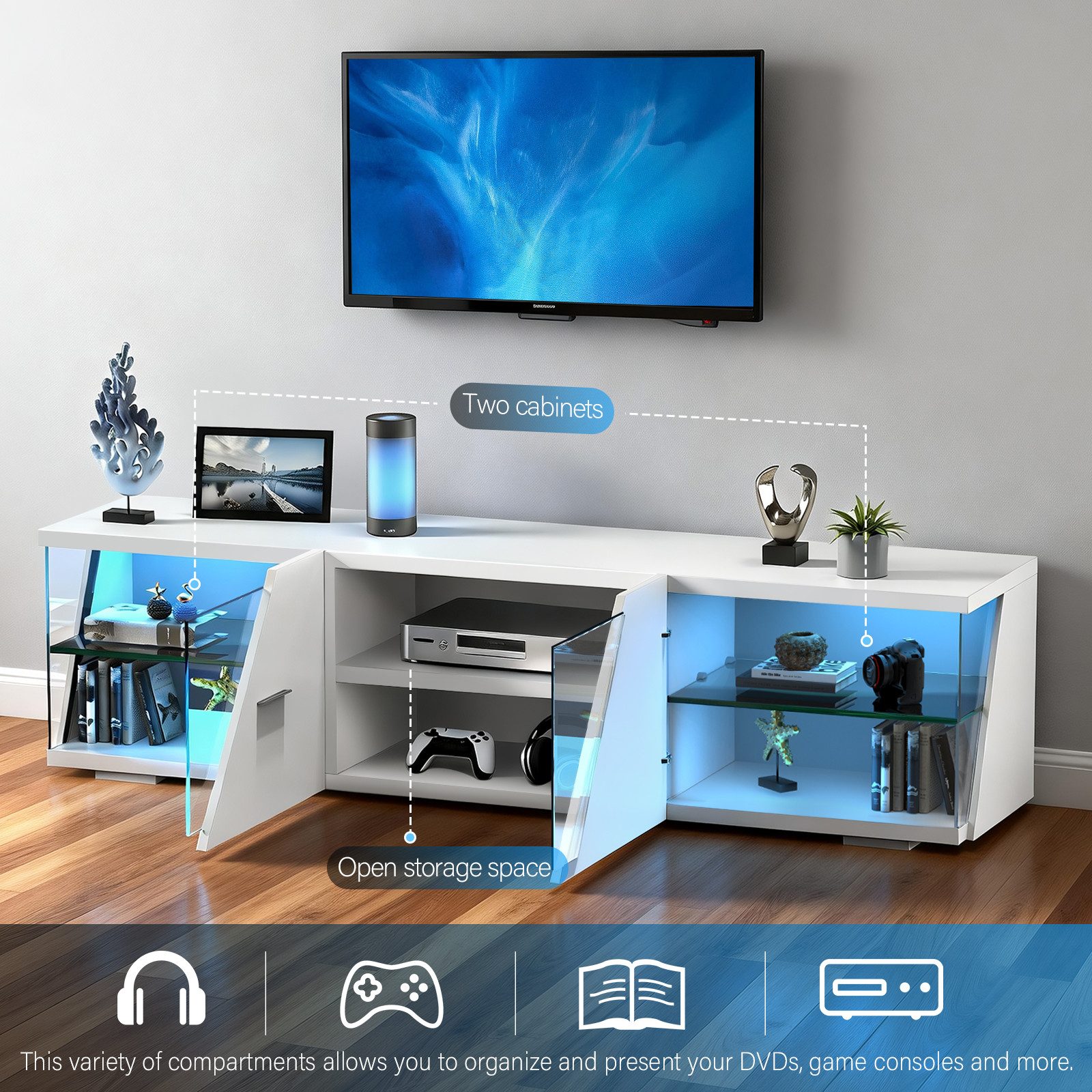 oyajia Lowboard LED TV-Schrank (mit LED-Beleuchtung, stehend Lowboard, 150cm), für Fernseher bis 55 Zoll – Bild 4 von 5