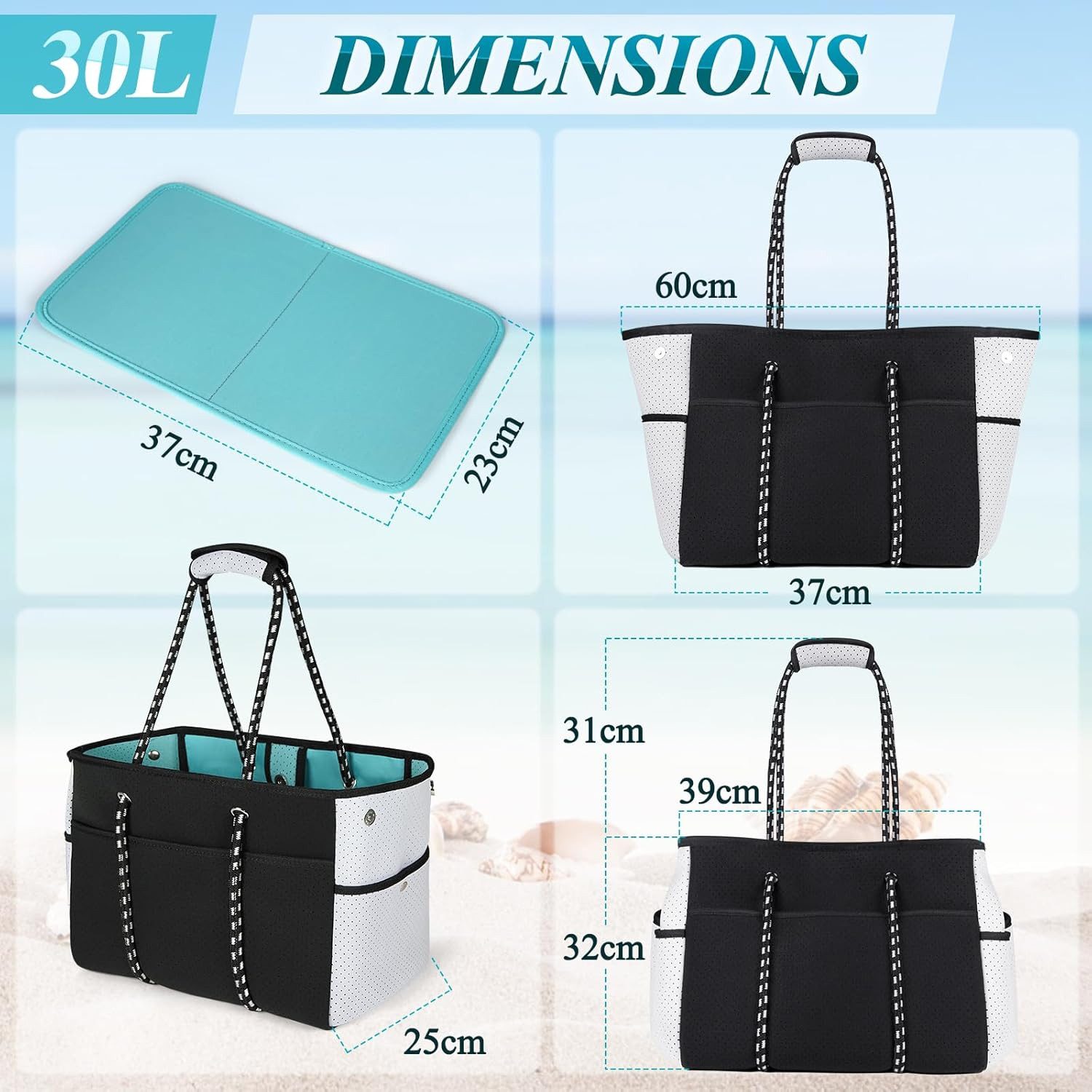 RAINSMORE XL-Strandtasche Strandtasche XXL 30L Neopren Badetasche Damen Mehrzweck Pool (Strandtasche 30L multifunktional Badetasche Damen Reise Shopper, 30L Strandtasche inkl. Organizerfächer für Damen Strand), Abnehmbares Bodenbrett Schnell trocknend