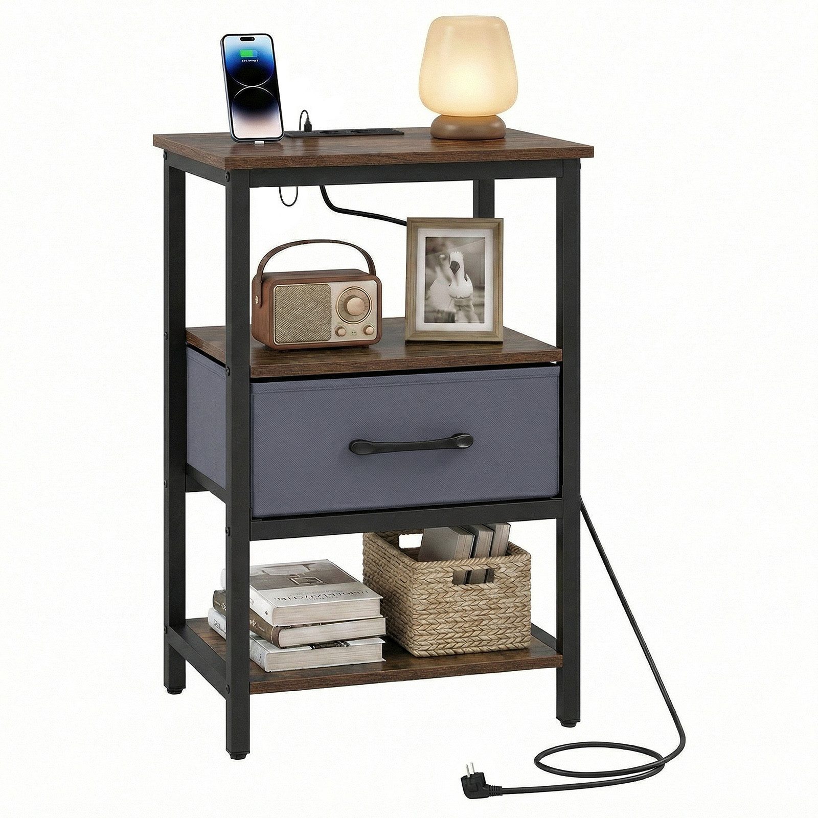 COSTWAY Nachttisch (1-St), Beistelltisch, Sofatisch mit Stoffschublade, Ladestation