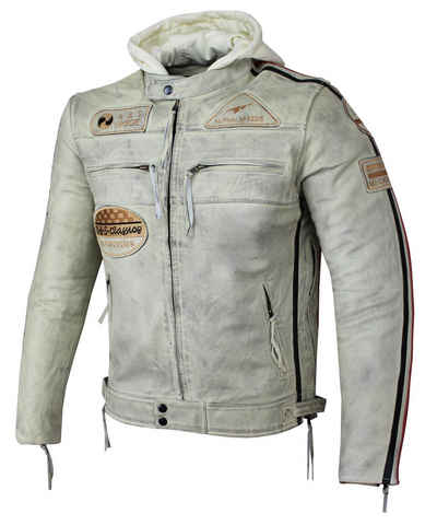 Alpha Speeds Motorradjacke Herren Leder Jacke Biker Freizeit Highway Jacke Weiß (Trennbare Innenjacke + Kapuze) aus weichem Lammleder, mit herausnehmbare Protektoren